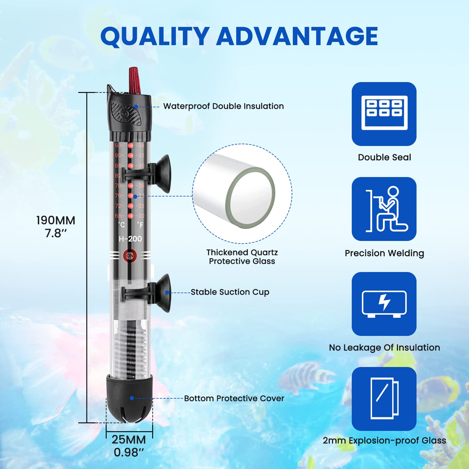 GlowUp Zatapialny podgrzewacz akwarium 50 W, regulowany podgrzewacz temperatury akwarium, zewnętrzny regulator temperatury do zbiorników rybnych, używany do akwarium 20L-60L
