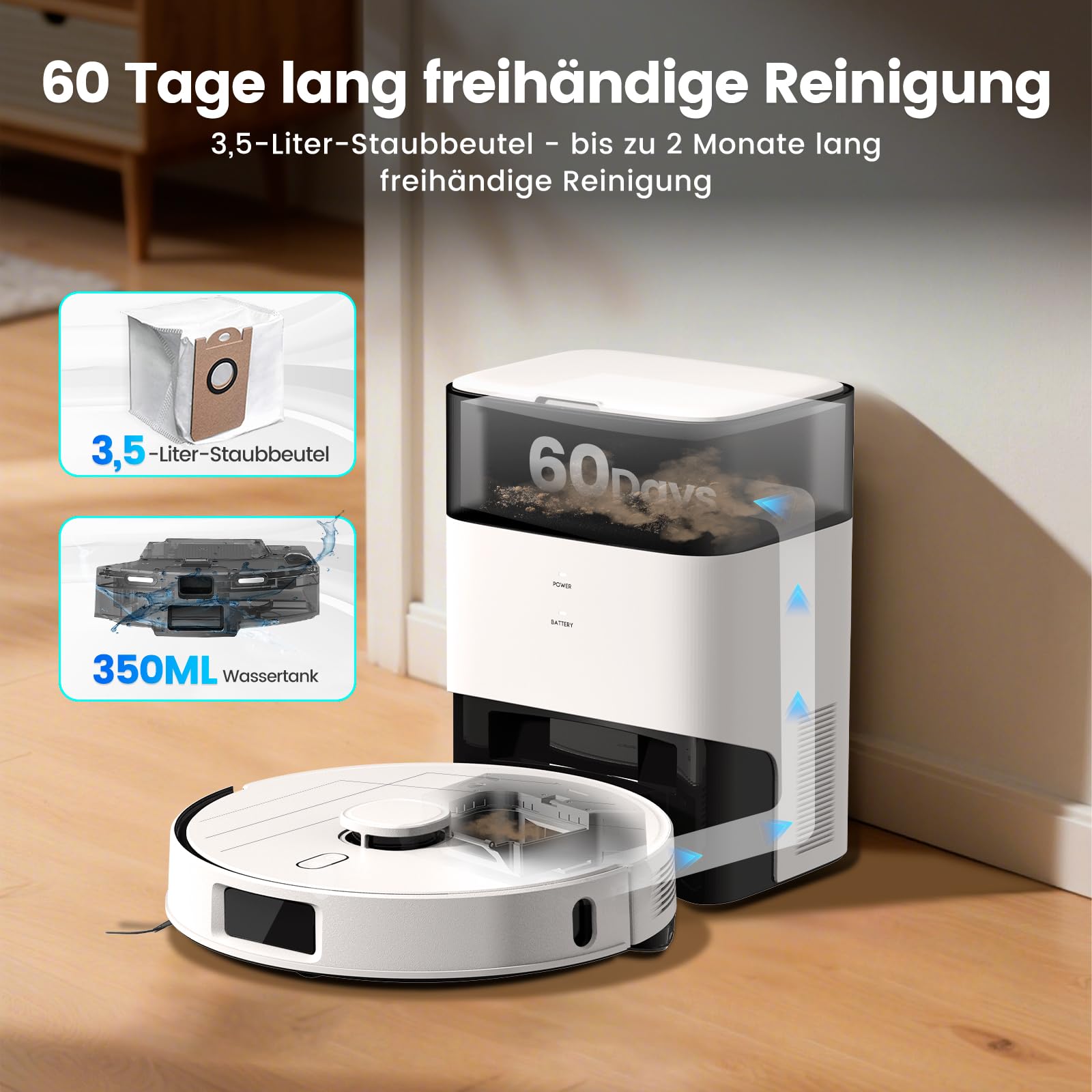 T30+ Saugroboter mit Wischfunktion, Staubsauger Roboter mit Absaugstation 3.5L, 12000Pa Saugkraft, Reaktive 3D-Hindernisvermeidung