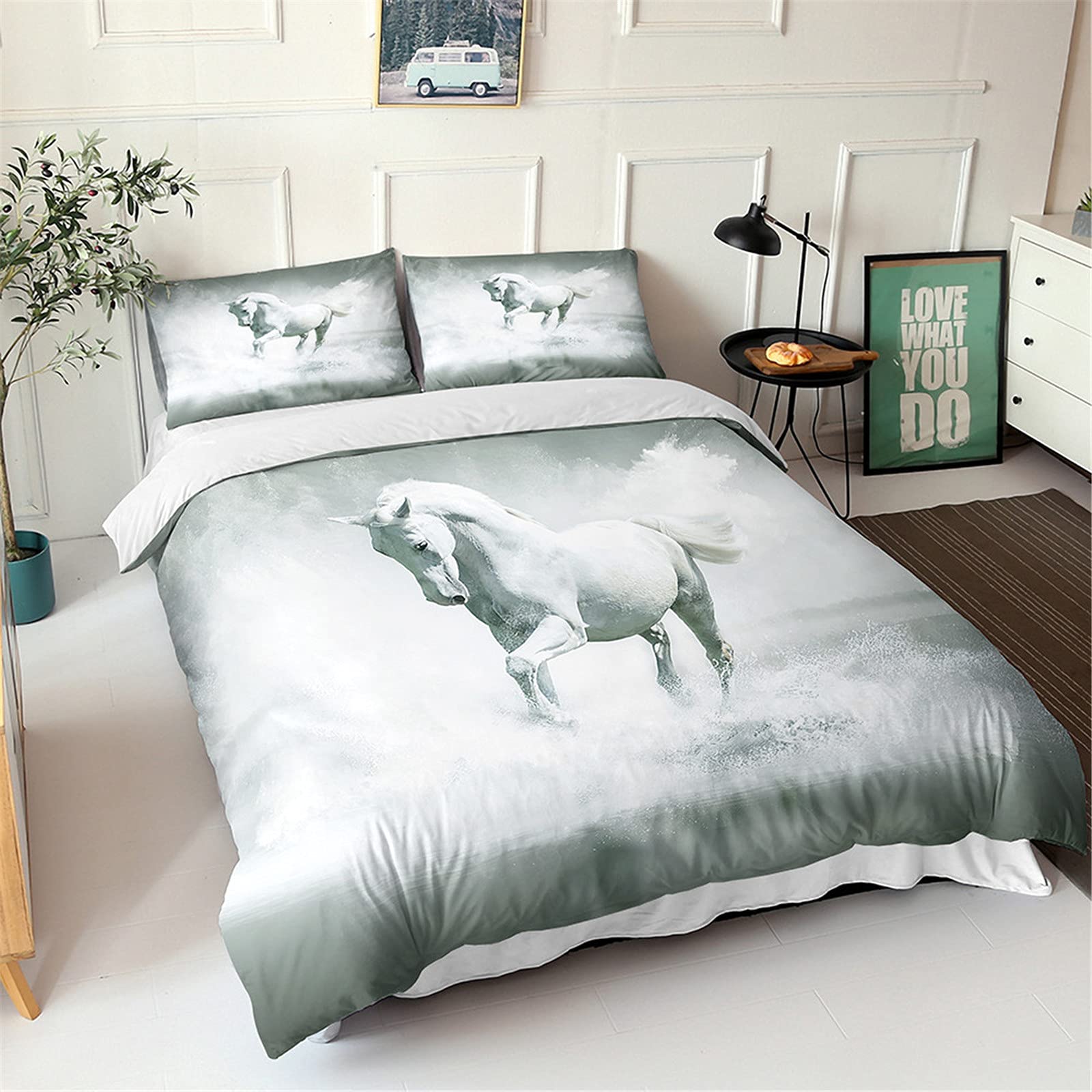 Housse de couette de cheval 3D pour lit double, parure anti-froissement