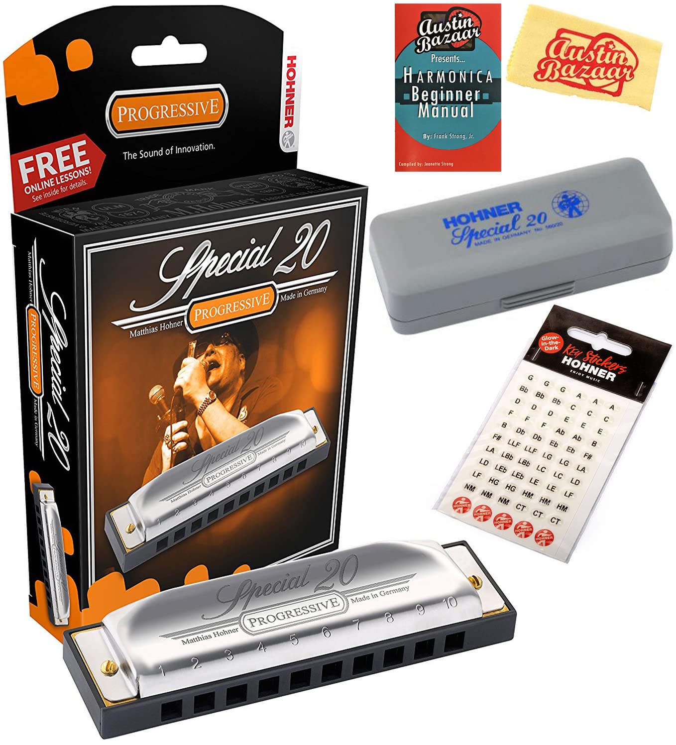 Hohner Special 20 Harmonica - Key of G Bundle with Carrying Case, Key Stickers, Harmonica Beginner Manual, and Austin Bazaar Polishing Cloth