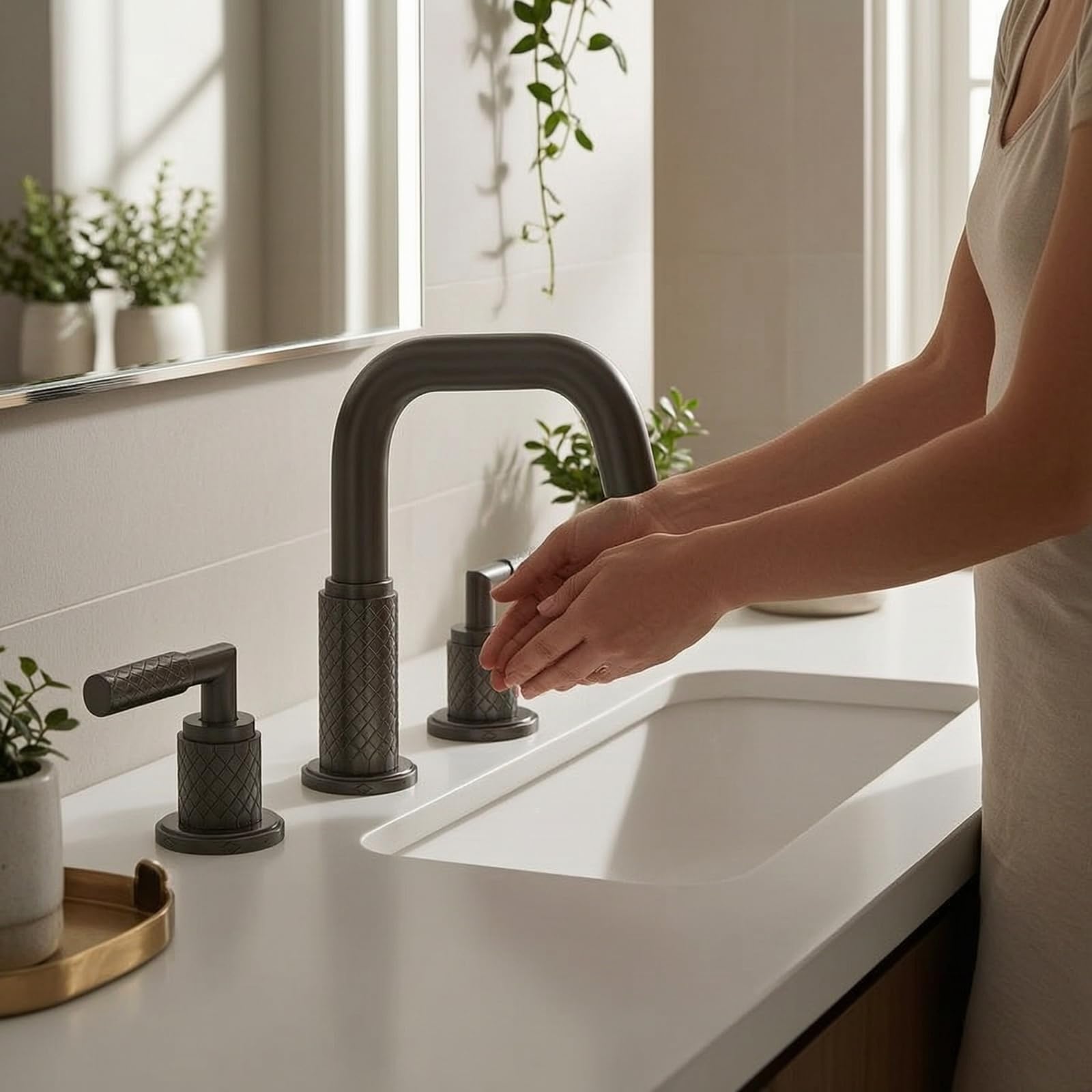 perfeclan Grifo de Lavabo Baño Grifería Mezclador Doble Manija con Giratorio Elevado Base Cilíndrica con Patrón Estructura Metálica con Aireador Integrado, Plateado