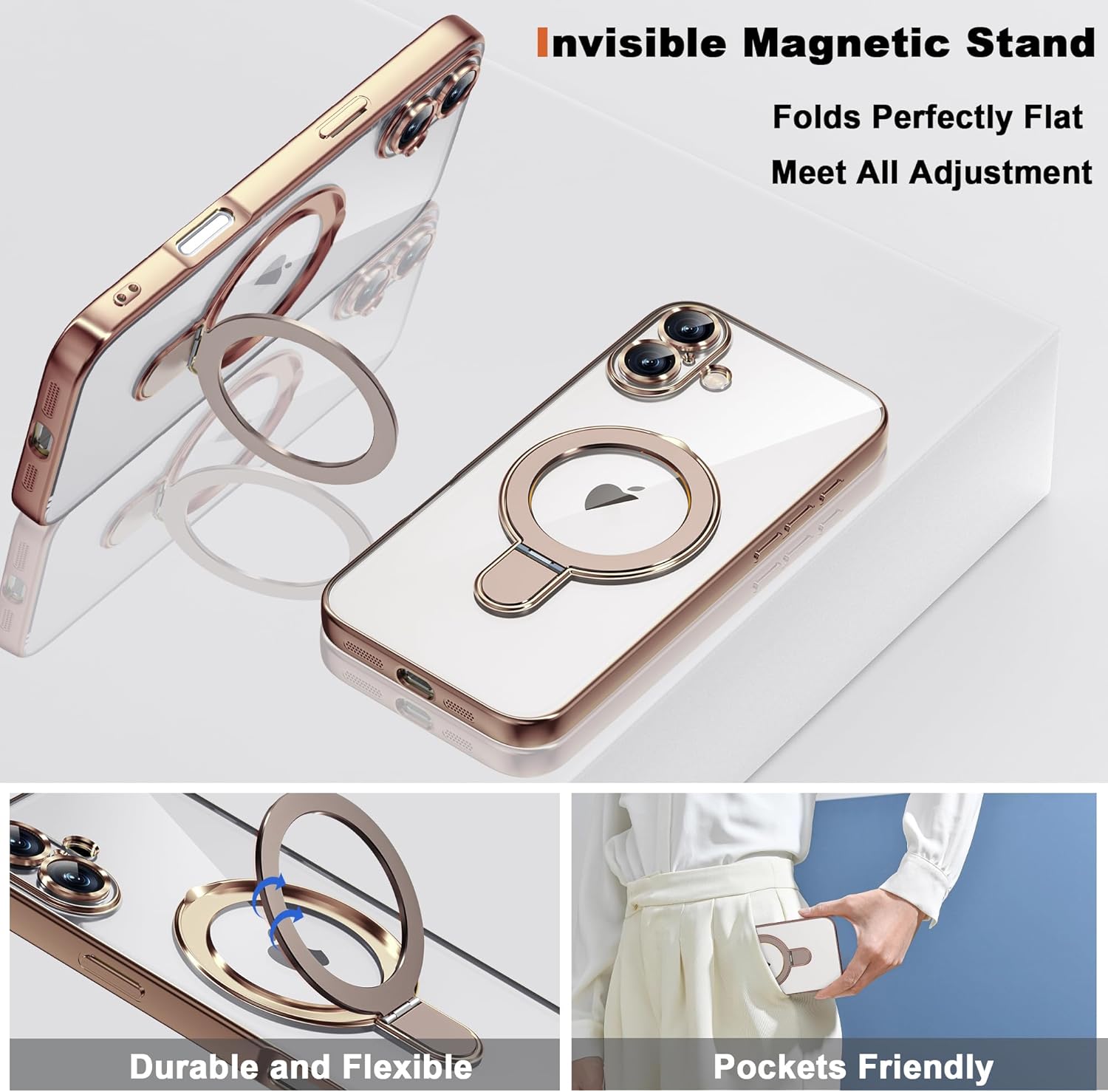 Compatible with iPhone 17 Case with Invisible Magnetic Ring Stand [Compatible with Mag-Safe] [Full Camera Lens Protector] Plating Clear Phone Case for iPhone 17 6.3", Desert Gold