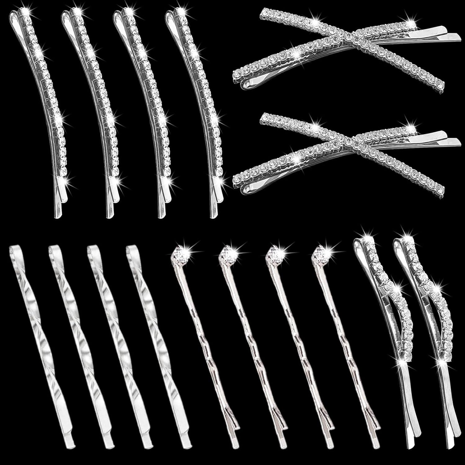 16 Pieces Silver Rhinestone Bobby Pins Set Delicate Decorative Fancy Crystal Hair Clips Shiny Fancy Metal Barrettes, I S X Shaped Diamond Hair Accessories for Women Ladies Girls Wedding Prom Party