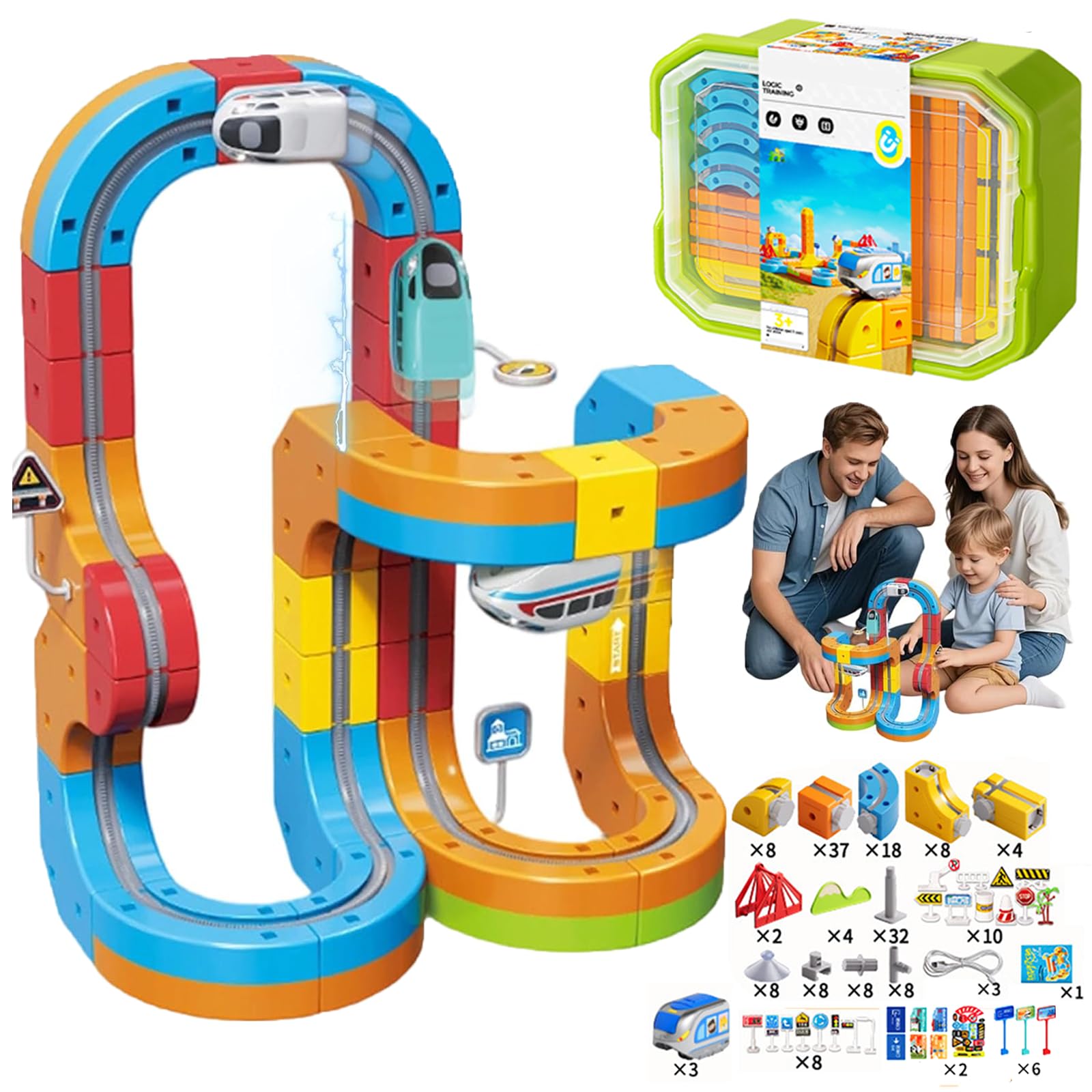 179 PCS Clickrail Electric Train Set Flexible Race Track, Clickrail Electric Trainset, Flexible Race Car Magnetic Track Set, Gravity-Defying Building Toy Gifts for Kids (Box-179pcs(3car))