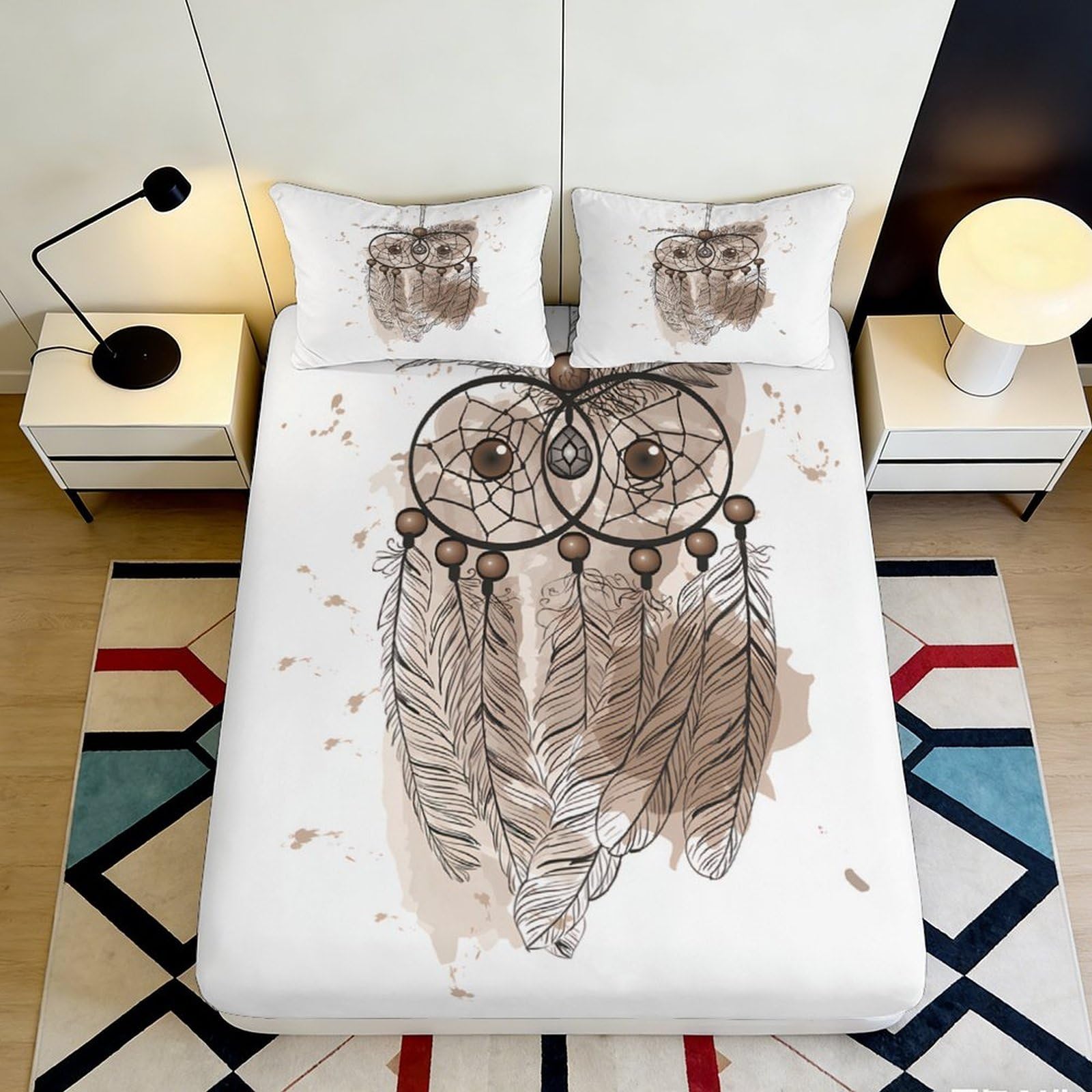 3D Printed Owl Dreamcatcher Fitted Sheet Microfiber Soft Non Slip Mattress Cover for Bedroom Dorm Decor 120x200cm 140x200x25cm