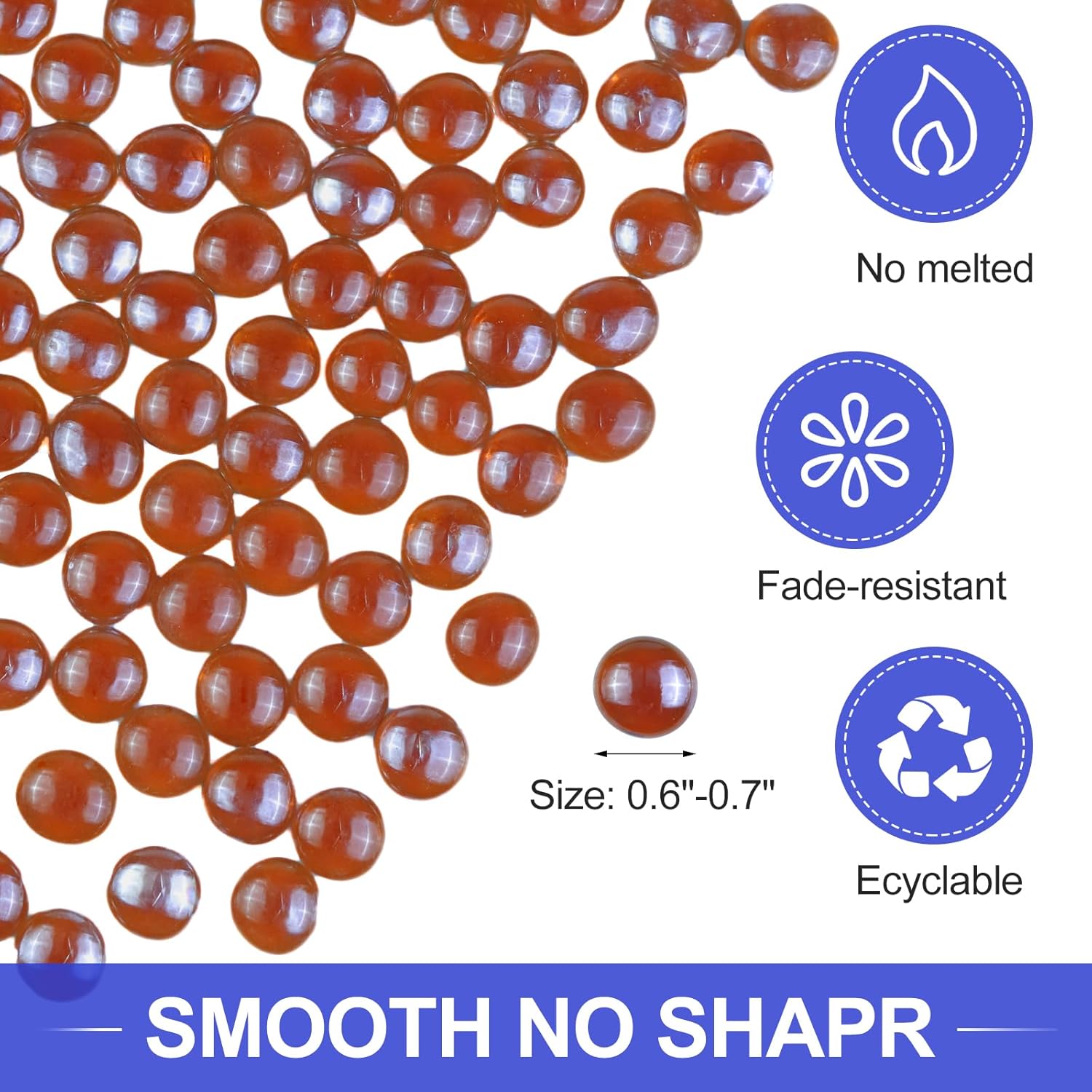 10Ib Fire Glass Beads for Fire Pit - 0.6"- 0.7" Firepit Glass Rocks for Natural,Propane or Gas Fireplace,Fire Pit Table - Decorative Flat Glass Marbles for Vase, Aquarium, Home Decor (Amber)