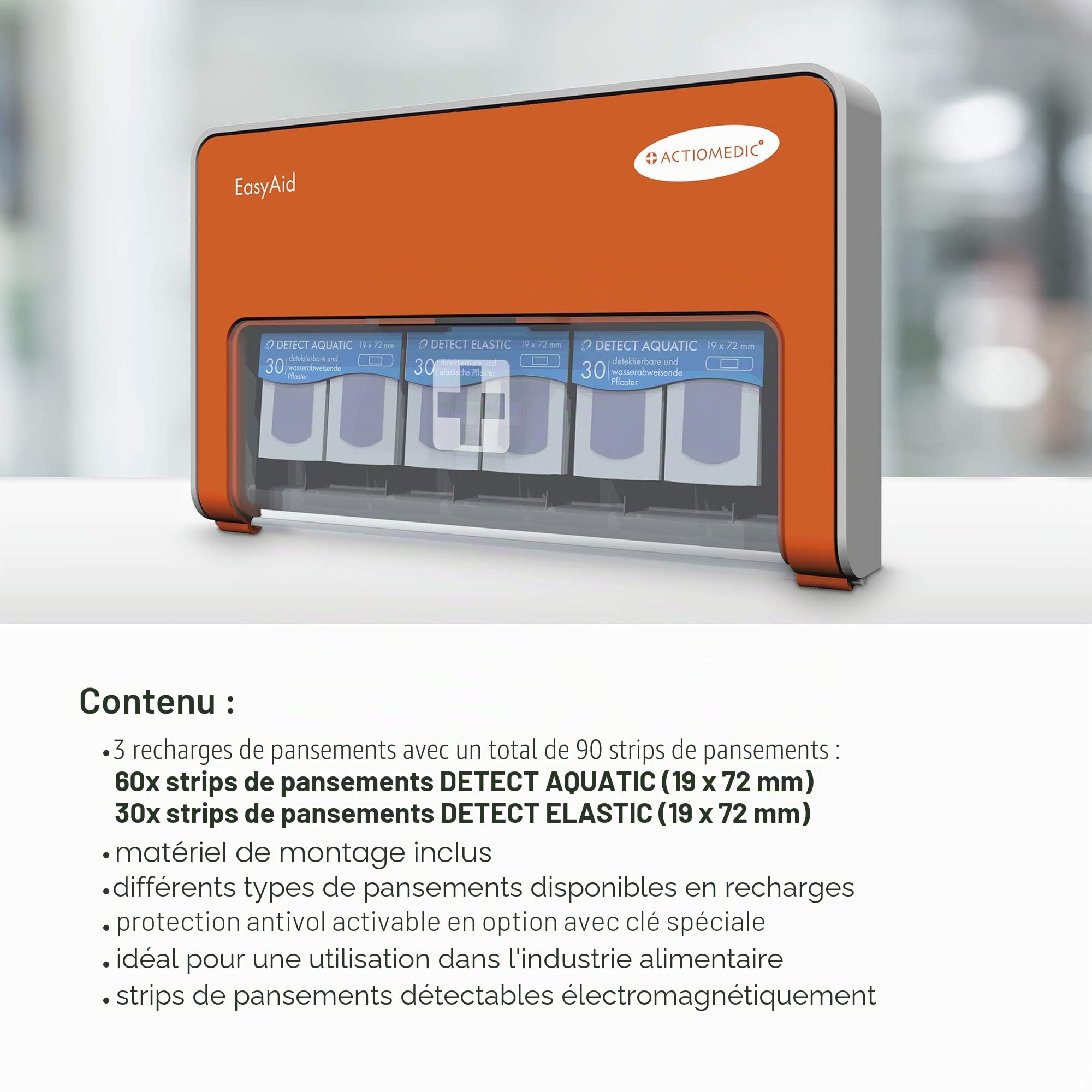 ACTIOMEDIC I EasyAid Distributeur de pansement DETECT, Comprenant 90 sparadras bleus détectables pour l'industrie alimentaire, Avec système kanban et matériel de fixation murale, Trousse de secours