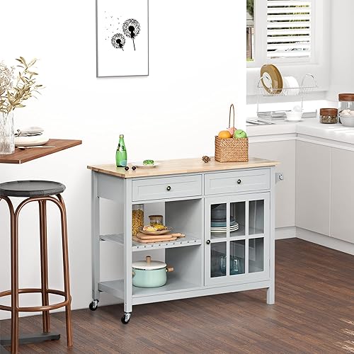Miniatura 2 de HOMCOM Isla de cocina rodante con almacenamiento, carrito de cocina con parte superior de madera maciza, gabinete de puerta de vidrio, estante