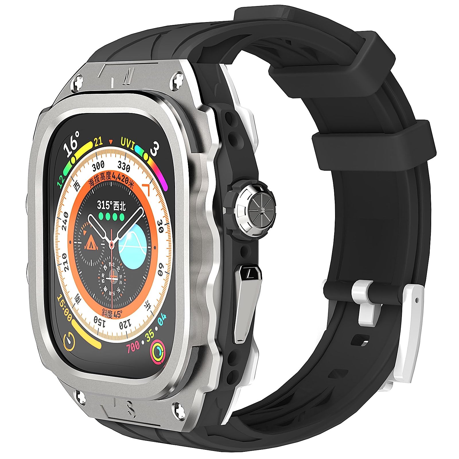 Bracelet en silicone avec étui pour iWatch Ultra 2/1 49mm, style sport robuste argenté