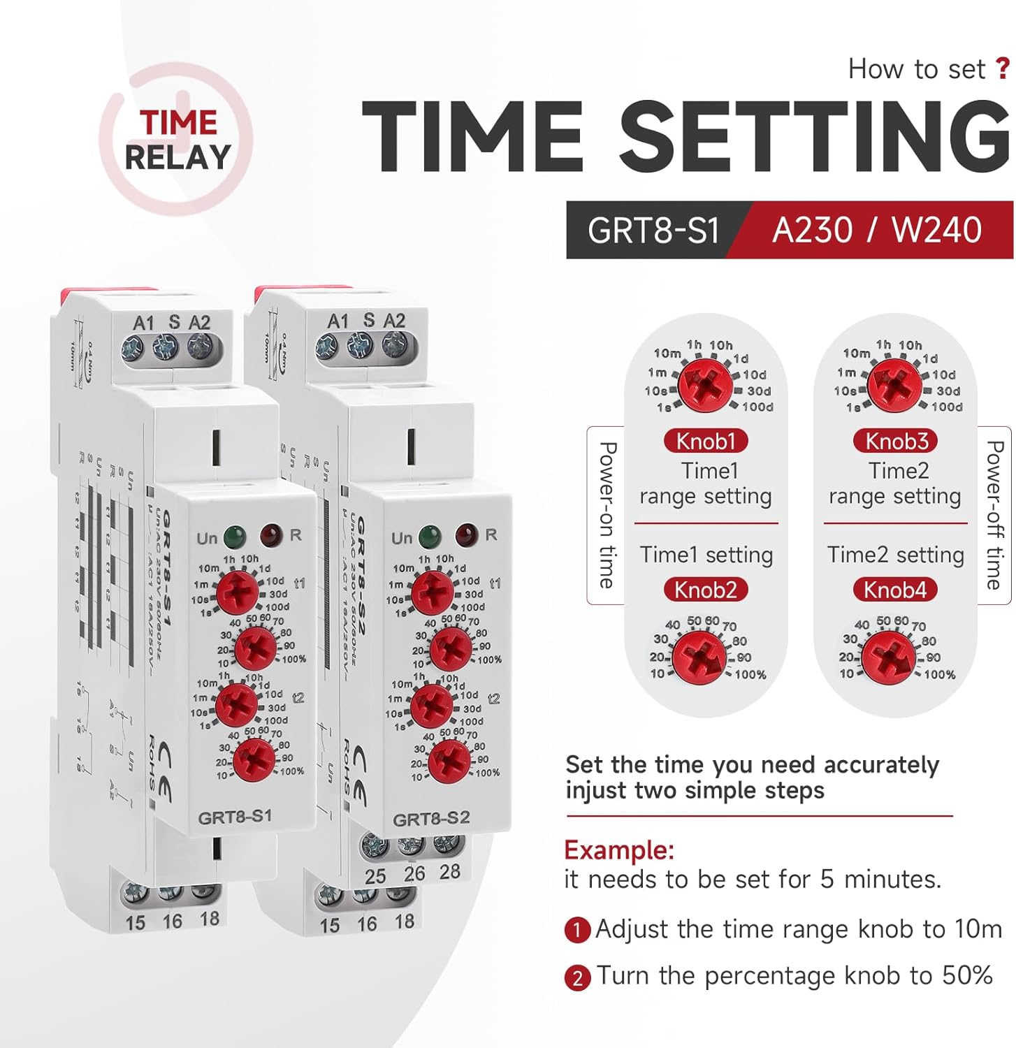 Asymmetric Cycle Time Relay 1SPDT 16A，GRT8-S1 Long or Short Period Repeat Cycle Tntermittent Timer Electronic Relay in Din Rail Wide Voltage Range AC DC 12V to 240V