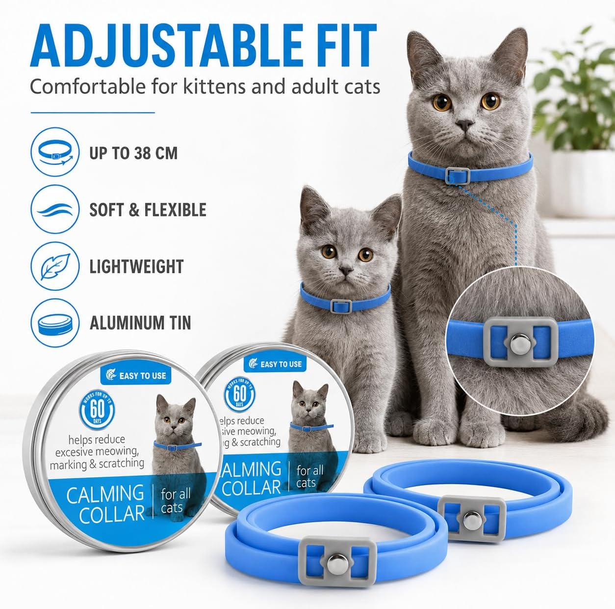 Cats Calming Collar 2 Pack, Adjustable Essential Oil Calming Collar for Cats, Waterproof Comfort Fit, Helps Support Calm Behavior During Travel, Thunder, Grooming & New Home, 62 cm