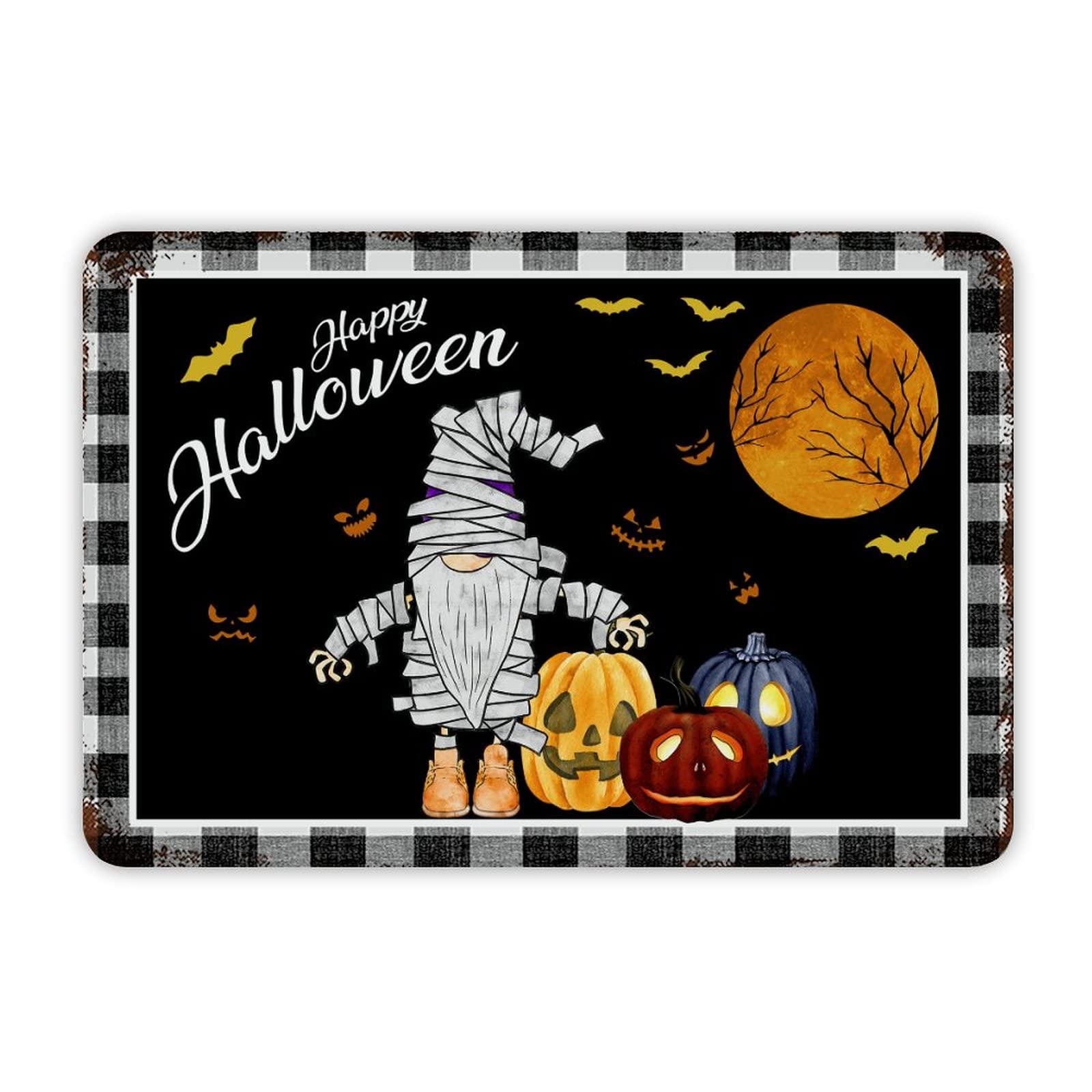 ENEDNATE Happy Halloween Gnome Pumpkins Aluminum Tin Sign 8x12 Inch Waterproof Vintage Metal Sign for School Office Classroom Gate Garage Garden Home Wall Decoration Housewarming Gifts