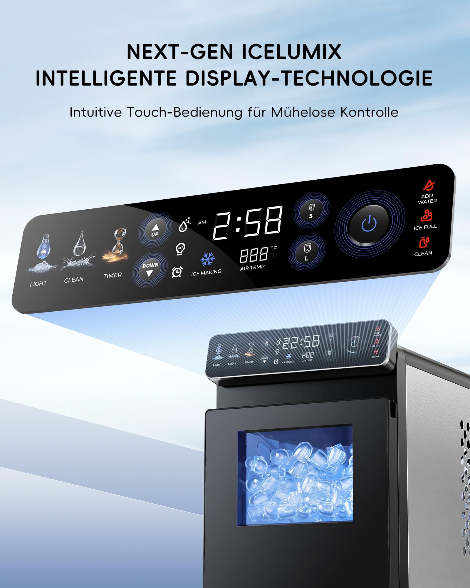 ecozy Eiswürfelmaschine Klein, Tragbar und Kompakt mit Farbdisplay, 24-Stunden-Timer, 12 KG/24H, Eiswürfel in 6 Minuten, 2 Eiswürfelgrößen, Selbstreinigende Ice Maker, Ideal für Küche, Büro, Partys