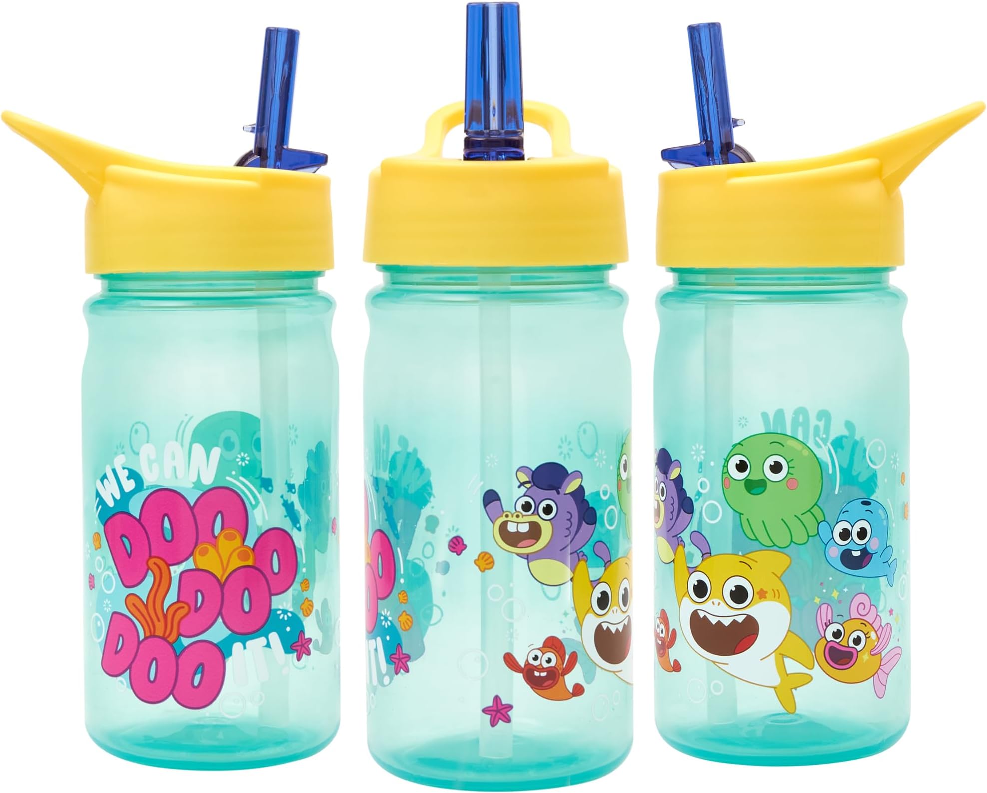 Baby Shark Big Show Water Bottle - Flip up Straw 380ml, Official Merchandise by Polar Gear, Kids Reusable Non Spill BPA Free Recyclable Plastic, For School Nursery Sports Picnic, Green & Yellow