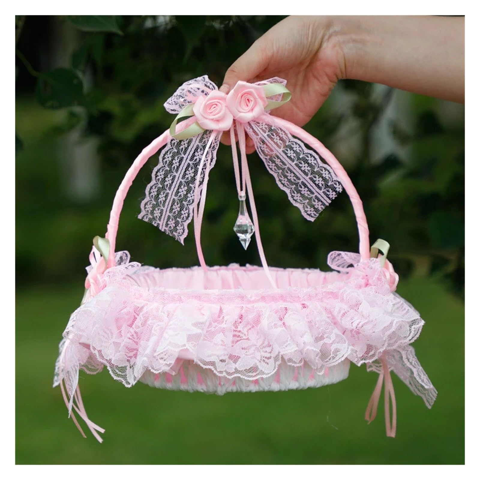Kosz na konfetti z płatkami ślubnymi, Kosz Kwiatów Wielokolorowy Ślub Koronki Rhinestone(Pink)
