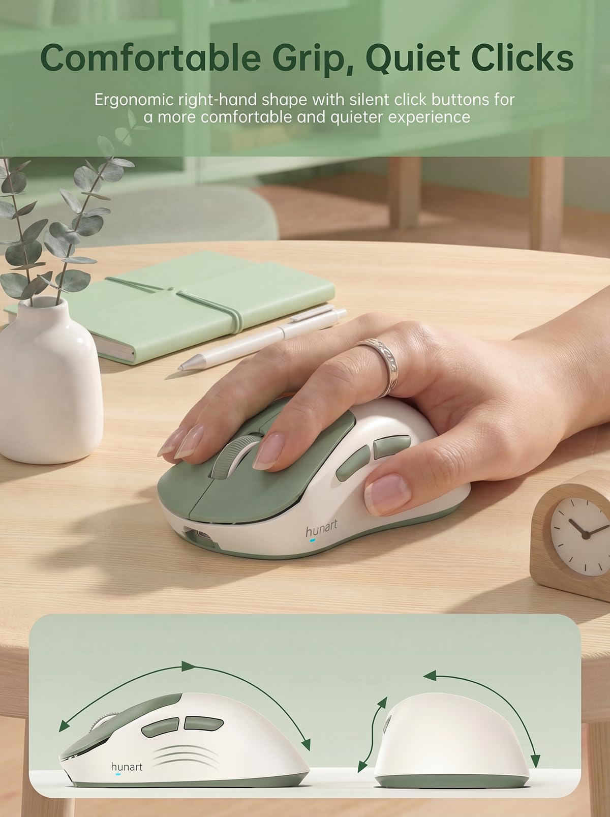 hunart H6 49 g mouse wireless, Bluetooth e mouse ricaricabile 2,4 GHz, leggero mouse ergonomico silenzioso con ricarica USB-C, mouse portatile da ufficio destro per laptop, PC, MacBook, tablet, verde