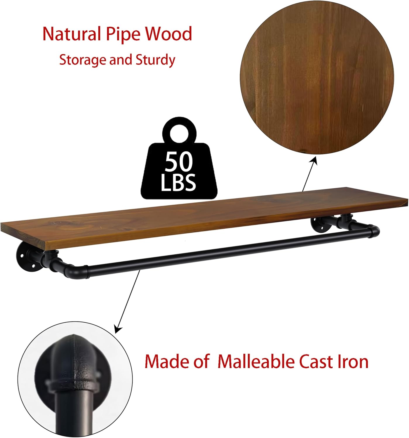 Bathroom Shelves Wall Mounted with Towel Bar, Industrial Pipe Single Tier Floating Shelf, Rustic Wood Shelf 42 Inch for Bathroom Kitchen Living Room Bedroom