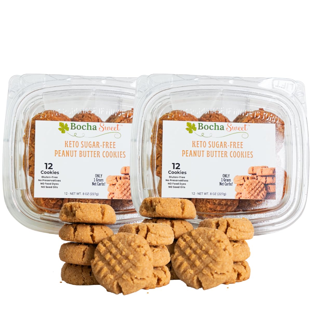 BochaSweet Keto Peanut Butter Cookies – Zero Sugar, Gluten Free, Low Carb, Keto Friendly, Diabetic Snack – No Seed Oils, Clean Ingredients, Melt-in-Your-Mouth Texture, 8 oz (12 Cookies per Pack, Pack of 2)