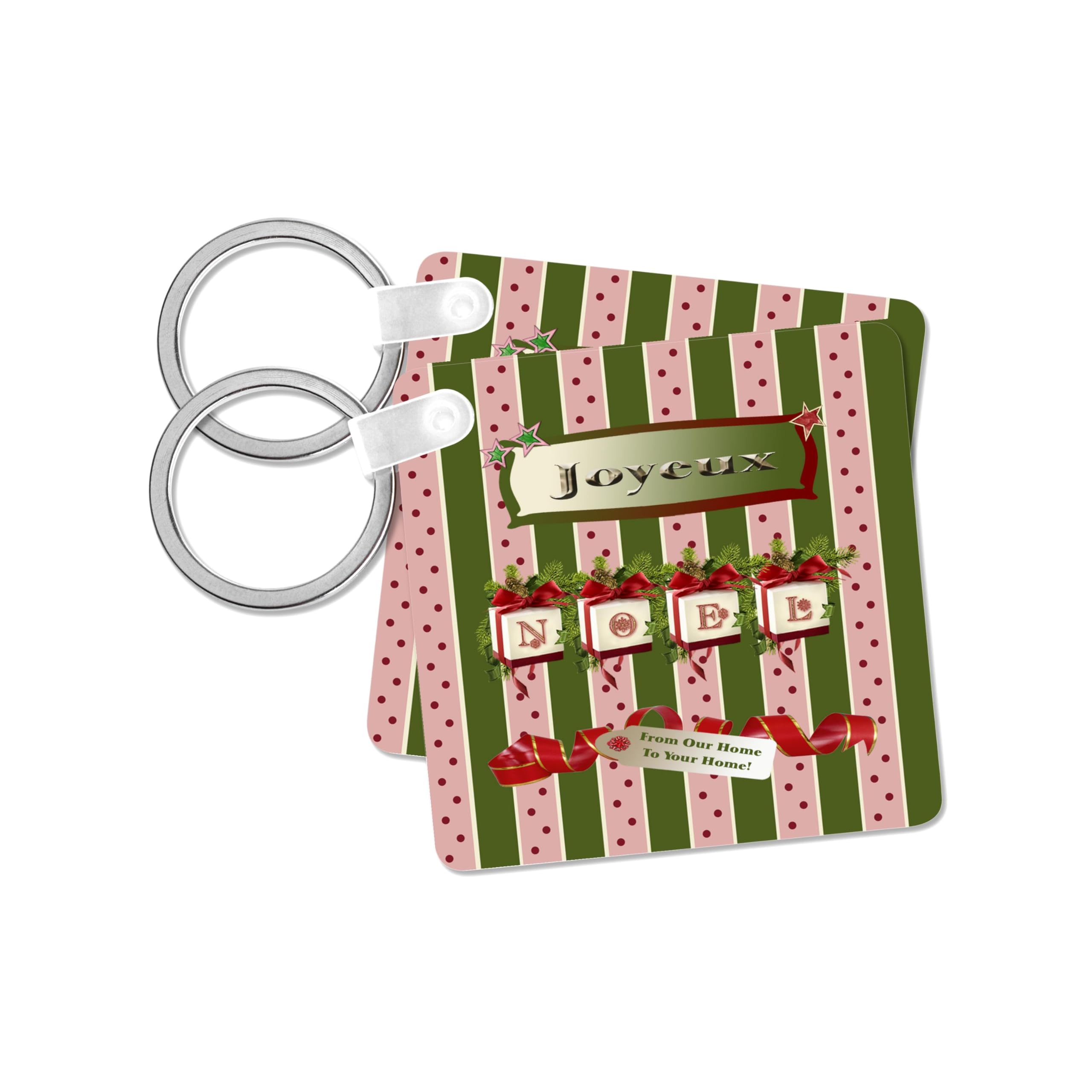 3dRose, Joyeux Noel with Red BowS and Pine Swag, From Our Home to Your Home, set of 4 Key Chains