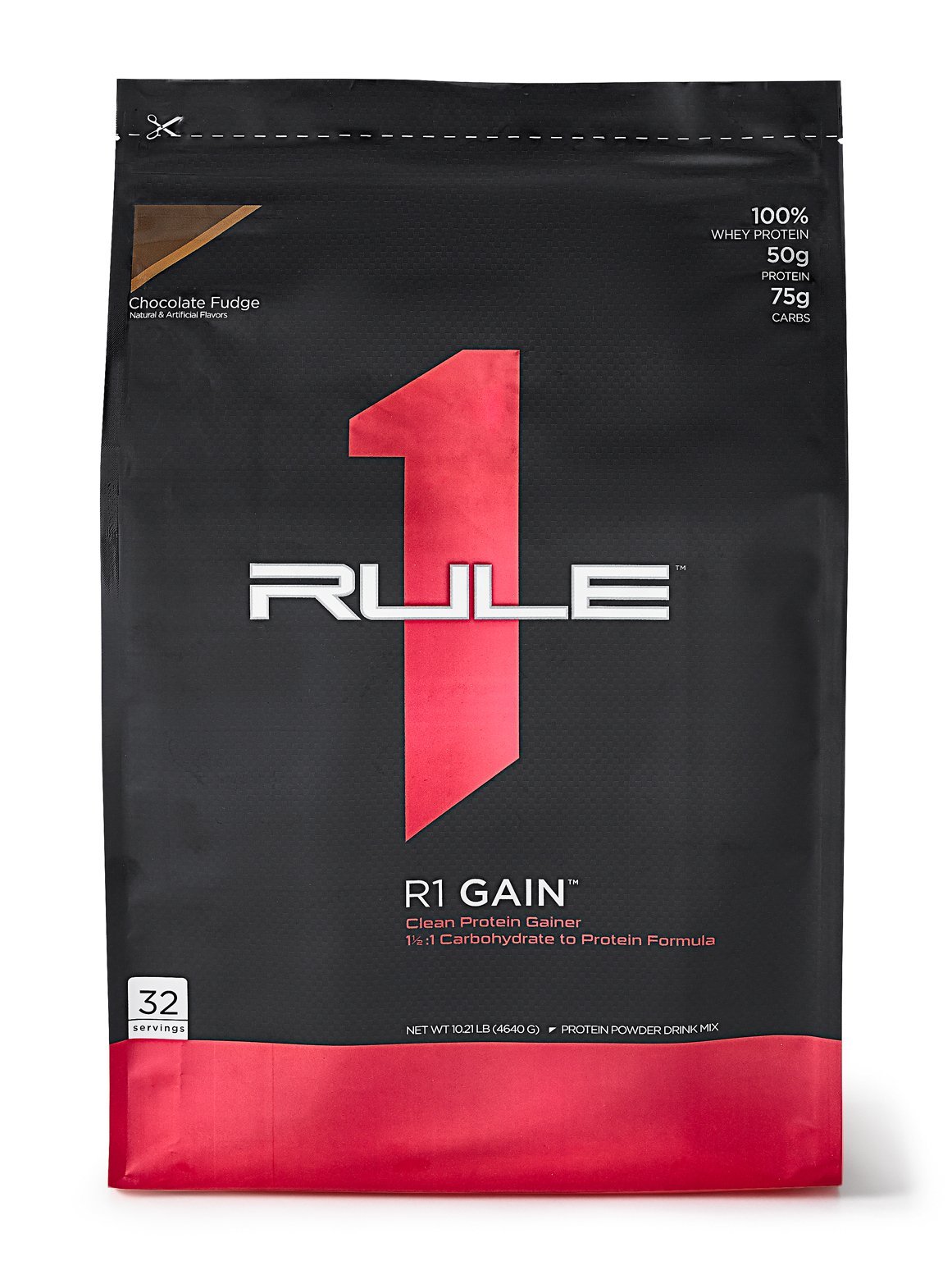 Rule One Proteins, R1 Gain - Chocolate Fudge, High-Protein Lean Gain Formula with 50g All-Whey Protein (Primarily Isolate), Over 500 Calories, 75g Carbs, Under 6g of Fat, 10 Pounds, 32 Servings