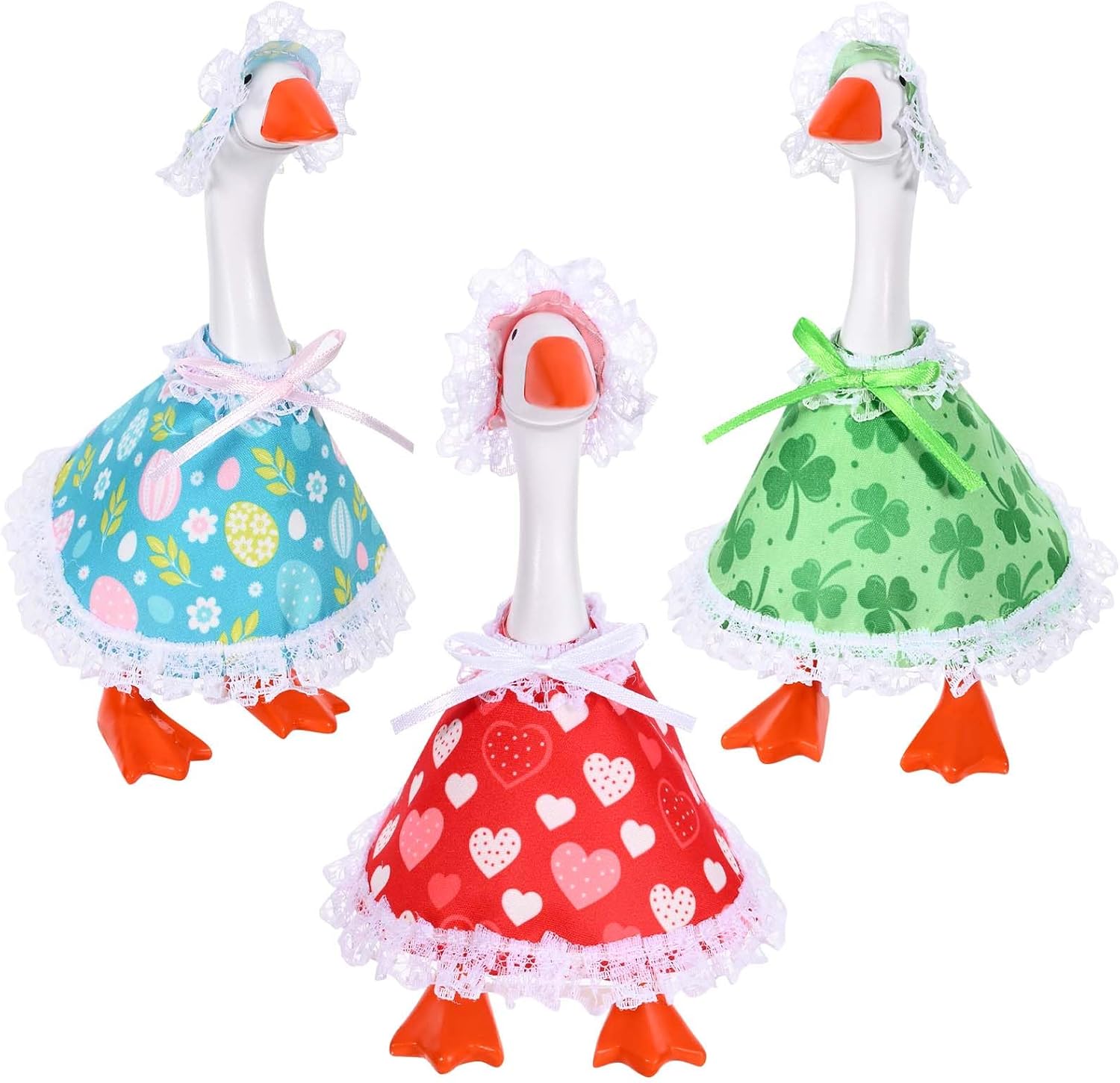 3 Sets 7 Inch Desk Goose Outfits Holiday Goose Clothes Heart Shamrock Easter Egg Mini Skirt and Hat for Magnetic Desk Goose Statue Decor