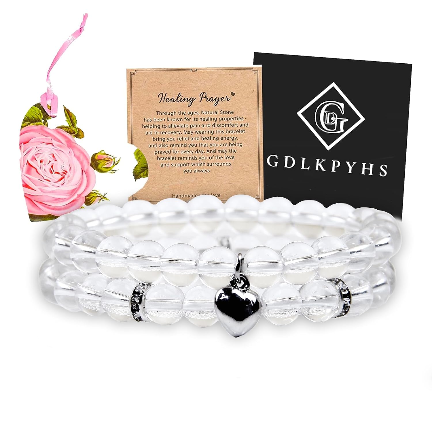 2Pcs Healing Crystal Bracelets for Women Handmade Beaded Bracelet Healing Prayers Crystal 8mm Natural Stone Beads Bracelet Stress Relief Get Well Soon Gifts