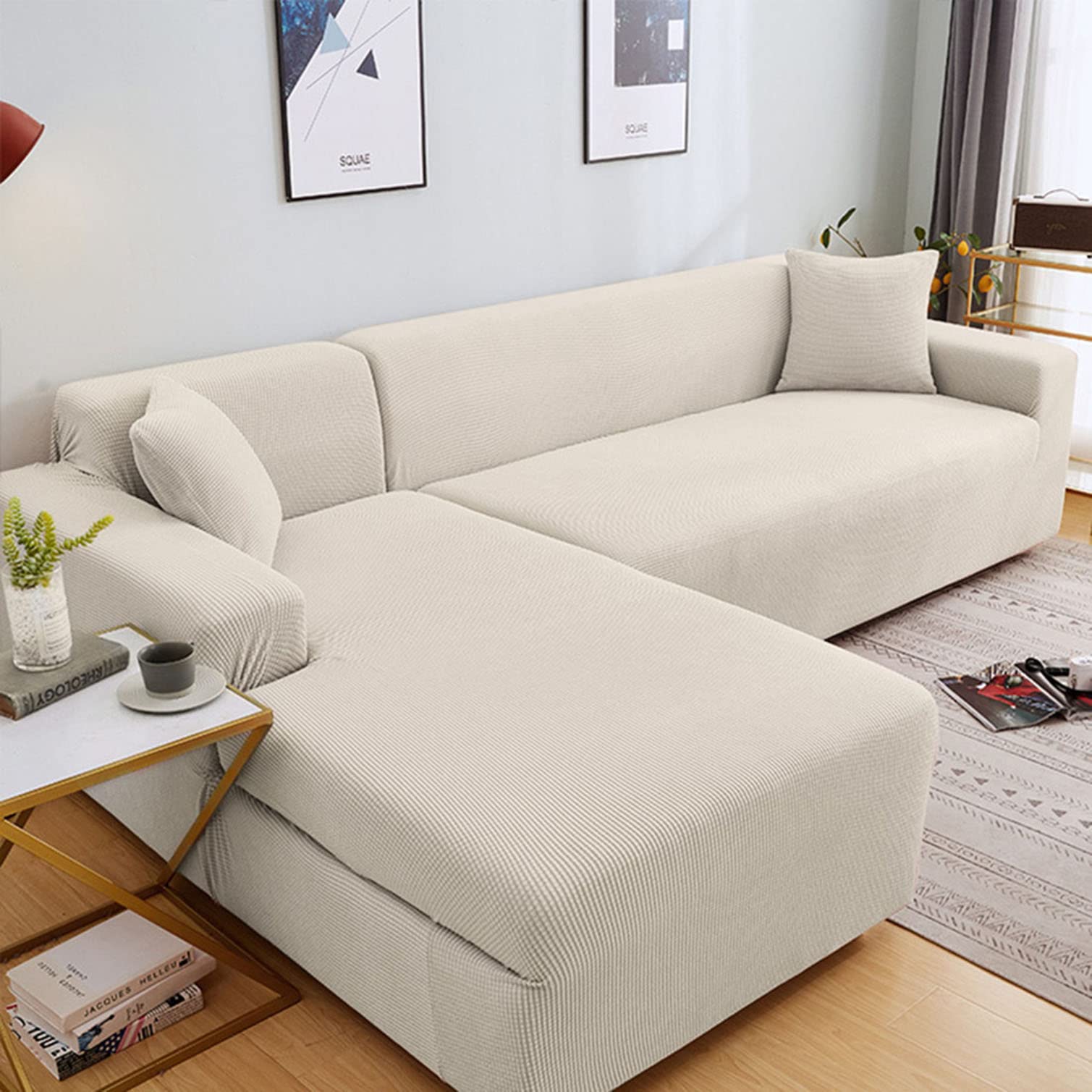 DFVEKYOW Stretch Sectional Sofa Cover L Shape Sofa Slipcovers Fabric Furniture Protector with Elastic Bottom Couch Covers for Living Room -White-3 Seater(190-230cm)