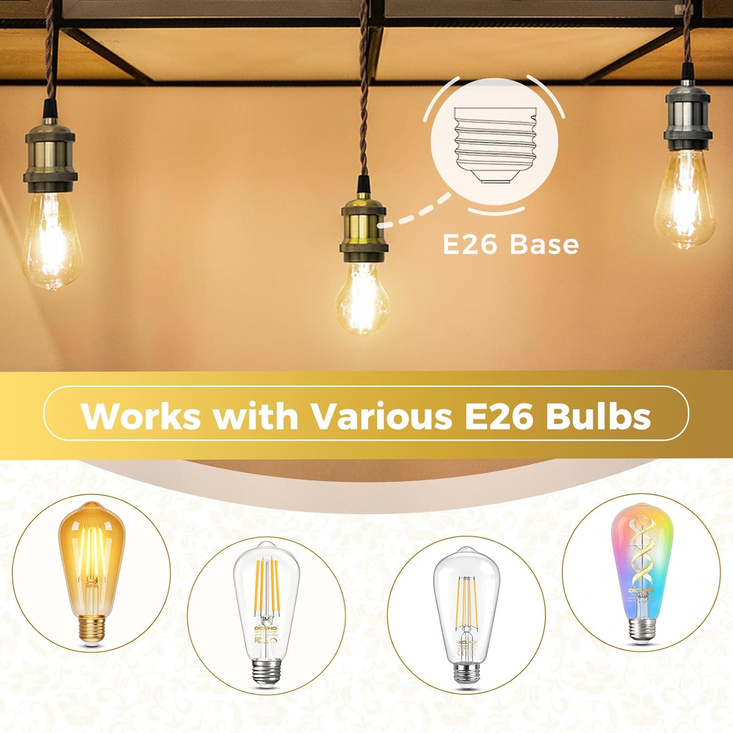 DiCUNO E26 Vintage Lamp Socket, Edison Pendant Light Socket Replacement, Antique Retro Hanging Lamp Holder for Industrial, Decorative, DIY Lighting, 600℃ Heat Resistant, 4 Packs (Vintage Brass Color)