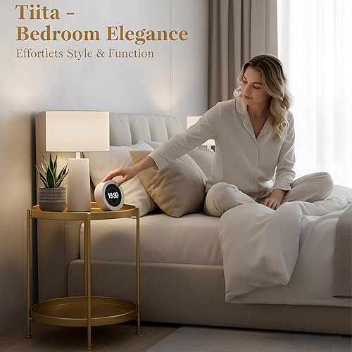 Miniatura 6 de Tiita Paquete de 2 mesas auxiliares redondas, mesa auxiliar mental, mesas pequeñas de madera, mesa auxiliar con bandeja de madera para sala de