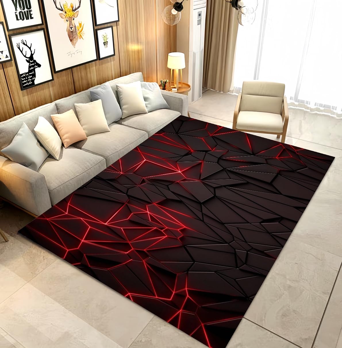 Neon Geometrischer Punk Gaming Teppich für Jugendzimmer - Flanellteppich mit Hexagon-Design, ideal für Jungen Teenager Schlafzimmer, Gaming Zimmer & Gamer Setup, 160x200 cm, Multi 1