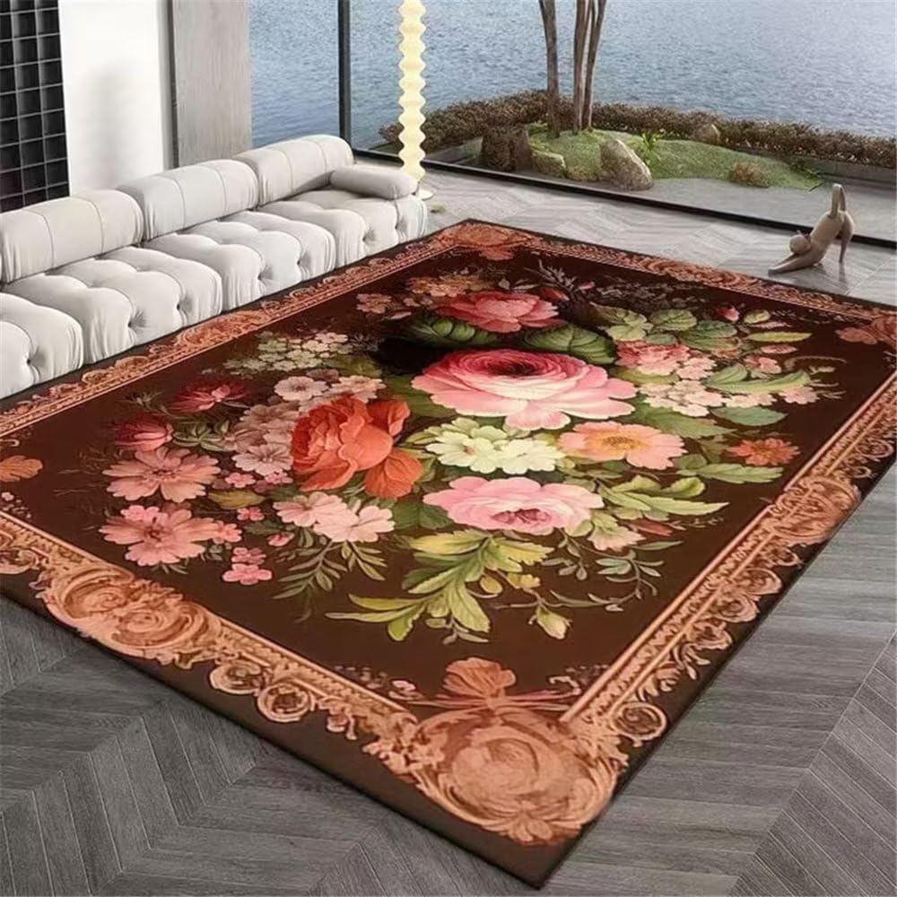 Tapis salon brun 140x200 antidérapant et durable avec motif floral pour chambre à coucher