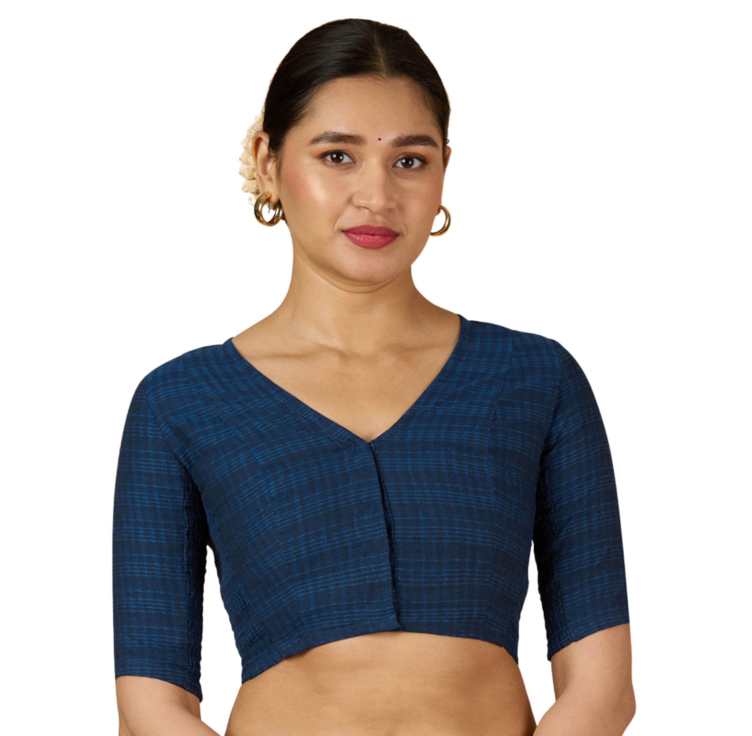 Studio Shringaar Women's Cotton Madras Checks Saree Blouse with Stretchable Sides(Navy Blue, 34)