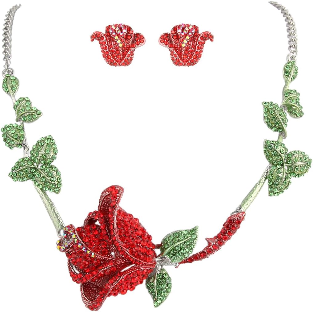 EVER FAITH Austrian Crystal Rose Flower Leaf Necklace Stud Earrings Set Silver-Tone