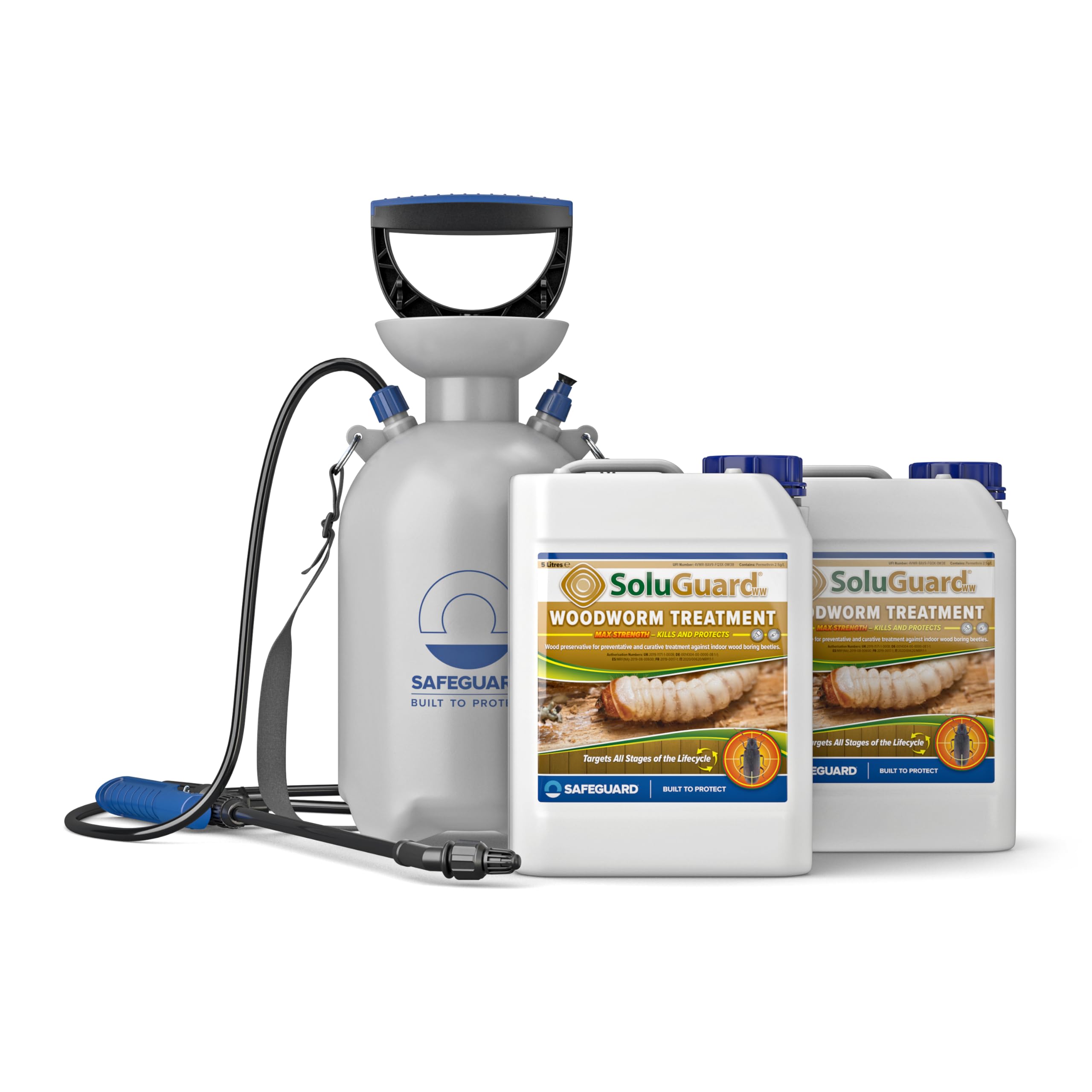 Soluguard Solución Anticarcoma y Pulverizador - 2 x 5L - Tratamiento Preventivo y Curativo contra la Termita, Carcoma, Escarabajos Perforadores y Otros Insectos Xilófagos