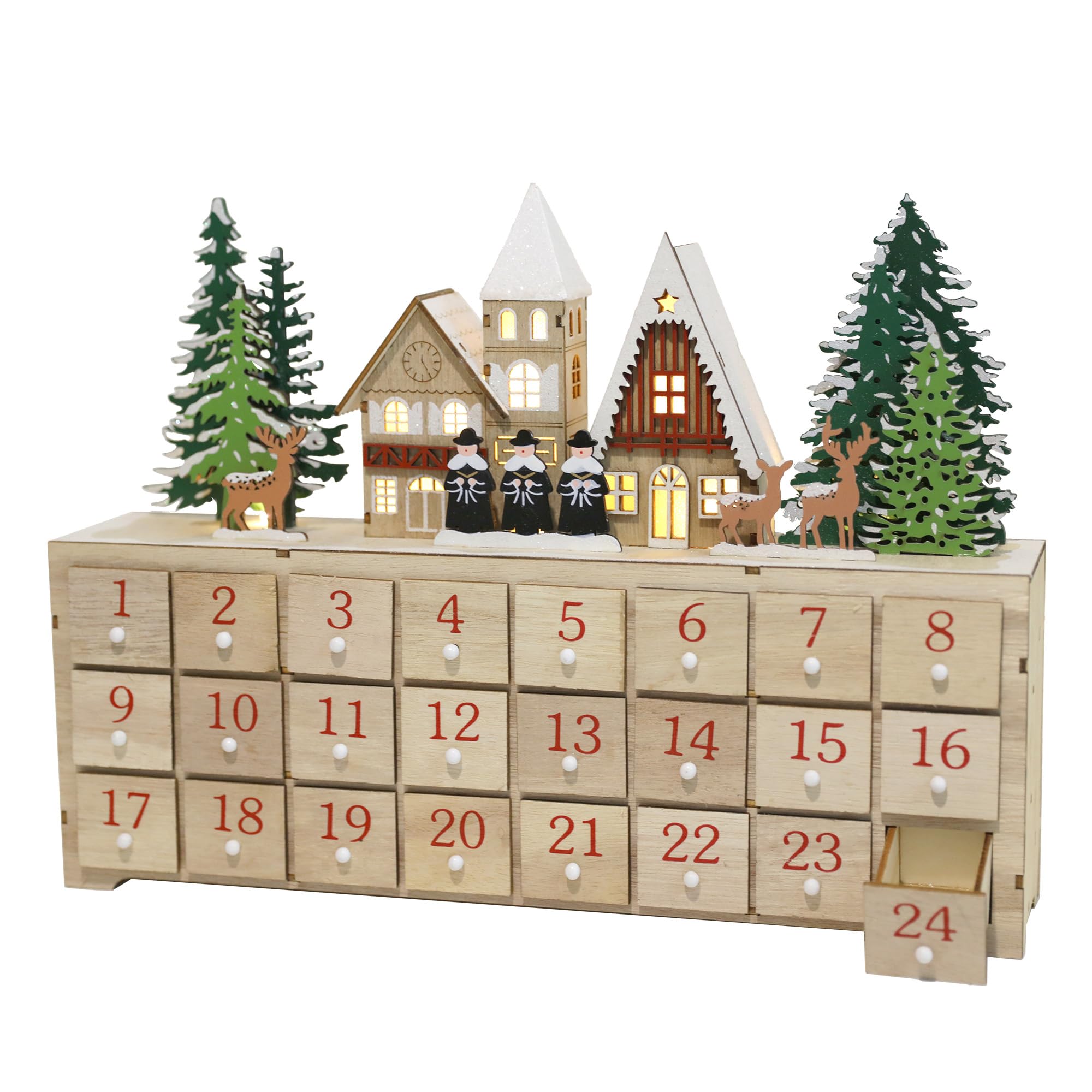 Calendario de Adviento de madera con luces LED, cuenta regresiva de 24 cajones para Navidad, diseño de casa de granero, decoración navideña con reno, perfecto para niños y adultos, 14.8