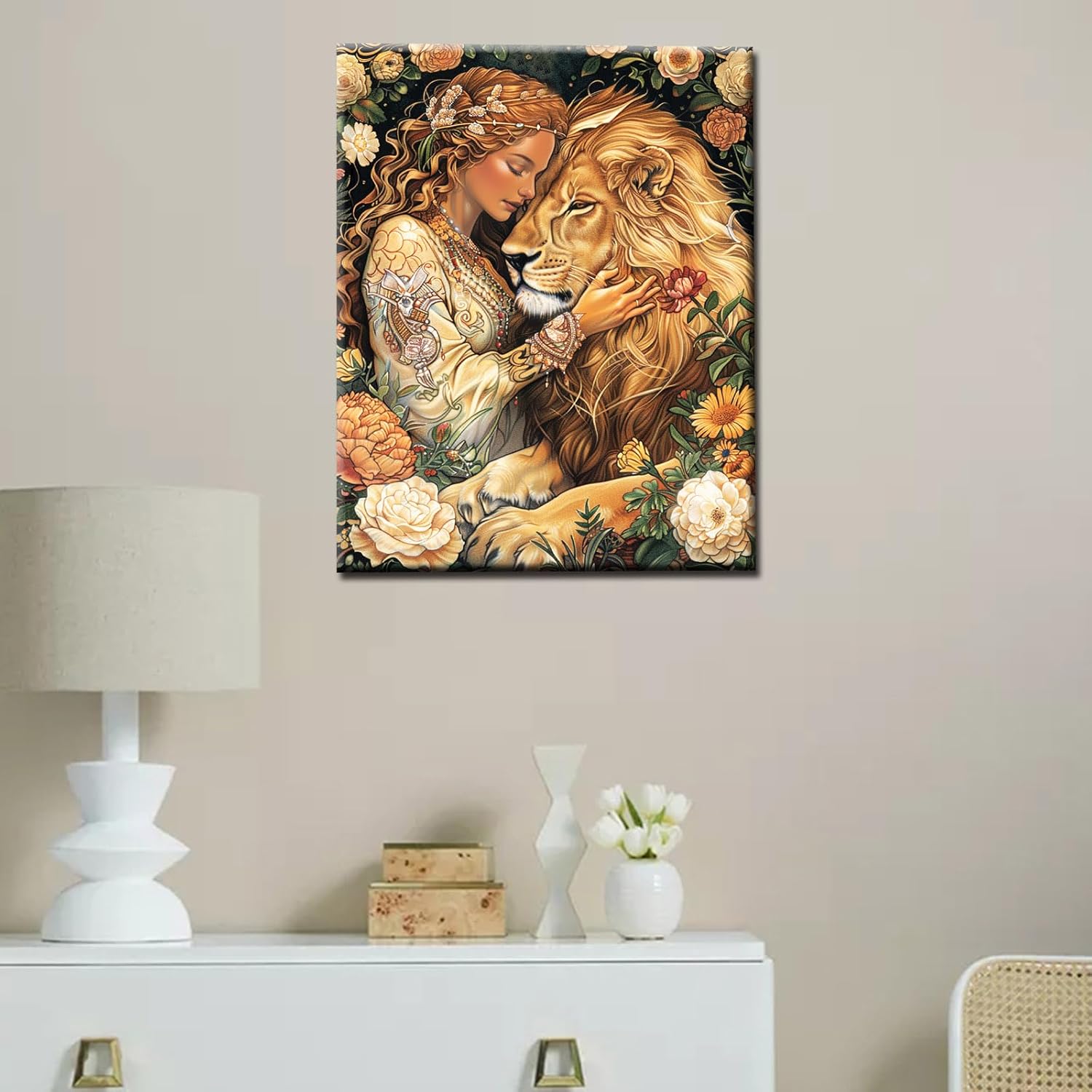 Aihonmin Women Domesticate Animals Paint by Numbers Kits with Brushes and Acrylic Pigment on Canvas Painting for Adults and Beginners,Jungle Lion Picture for Home Decor Gifts 16''x20'' (DIY Framed)