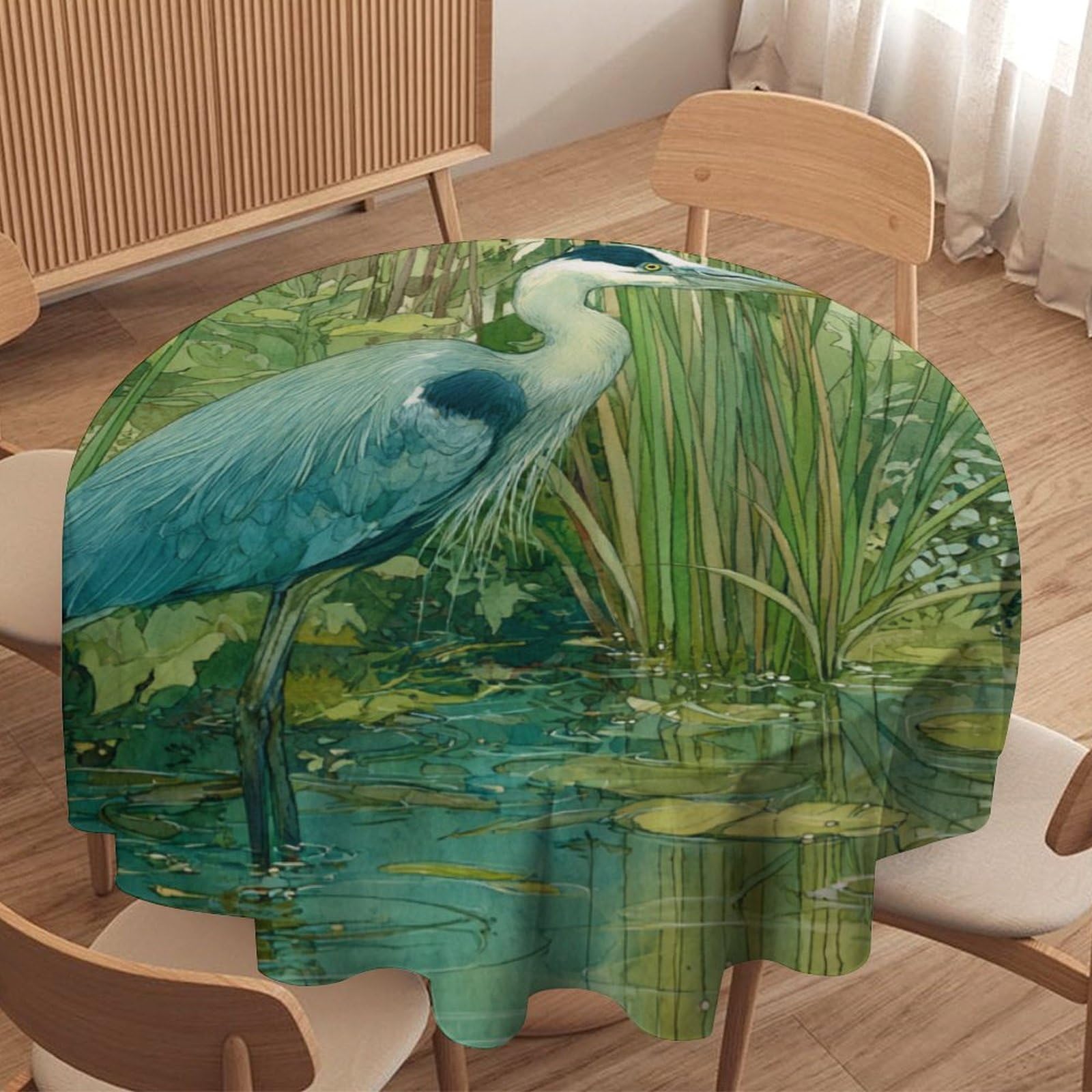 LUYYSKY Retro Oil Painting Blue Heron Waterproof Round Tablecloth Beautiful Watercolor Spring Lake Animal Heron Print Washable Table Cover for Kitchen-91.4" Wx91.4 L cm