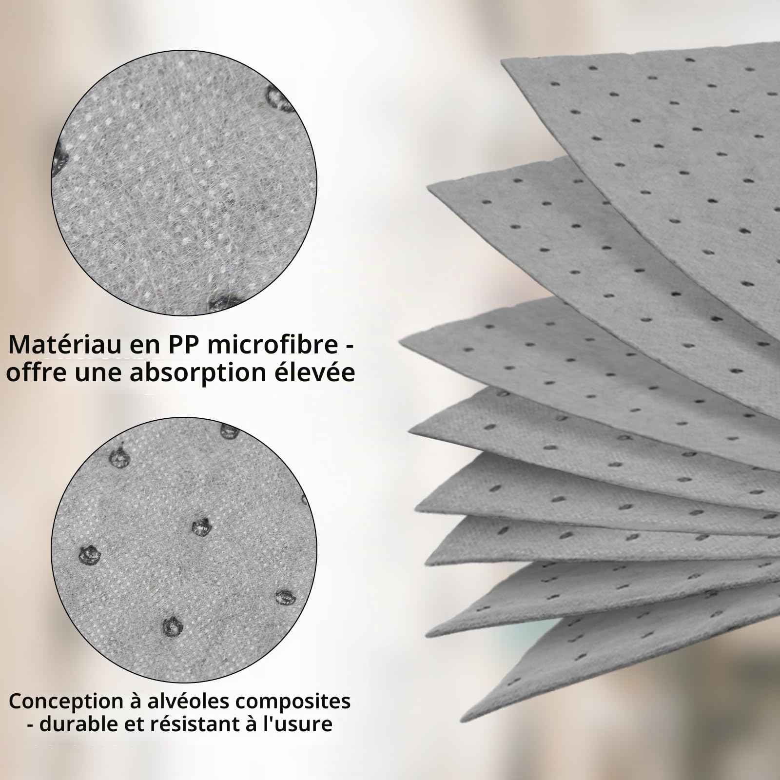 Tampons absorbants d'huile, feuilles de contrôle des déversements de 25 x 33 cm, absorption rapide pour liquides à base d'huile et d'eau, tampon alvéolé lesté, accessoire de garage (100)