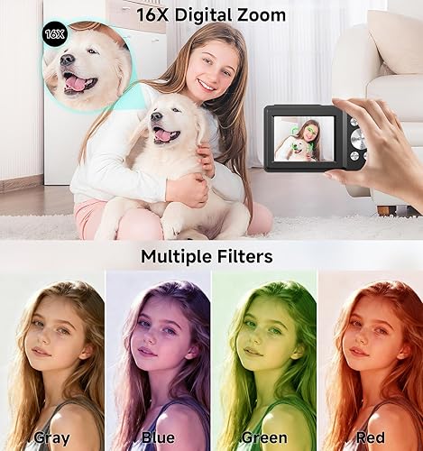 Vista 3 de Cámara digital, 44 MP FHD 1080P apuntar y disparar cámara digital con zoom de 16X, pequeña cámara compacta con detección facial, tarjeta SD de 32