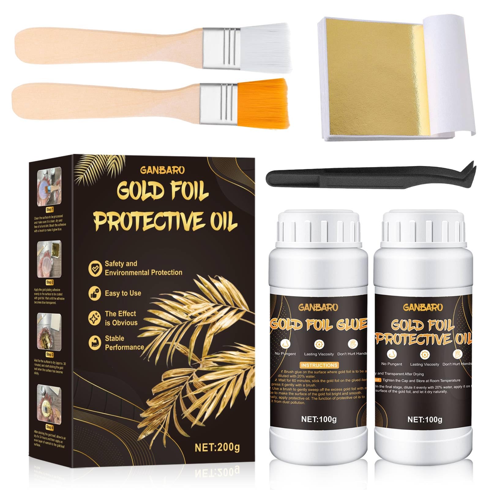 ALLONY Gold Leaf Paint & Adhesive Set - 100PCS Foil Sheets with Varnish, 2 Brushes for Metal, Craft, Painting, Arts