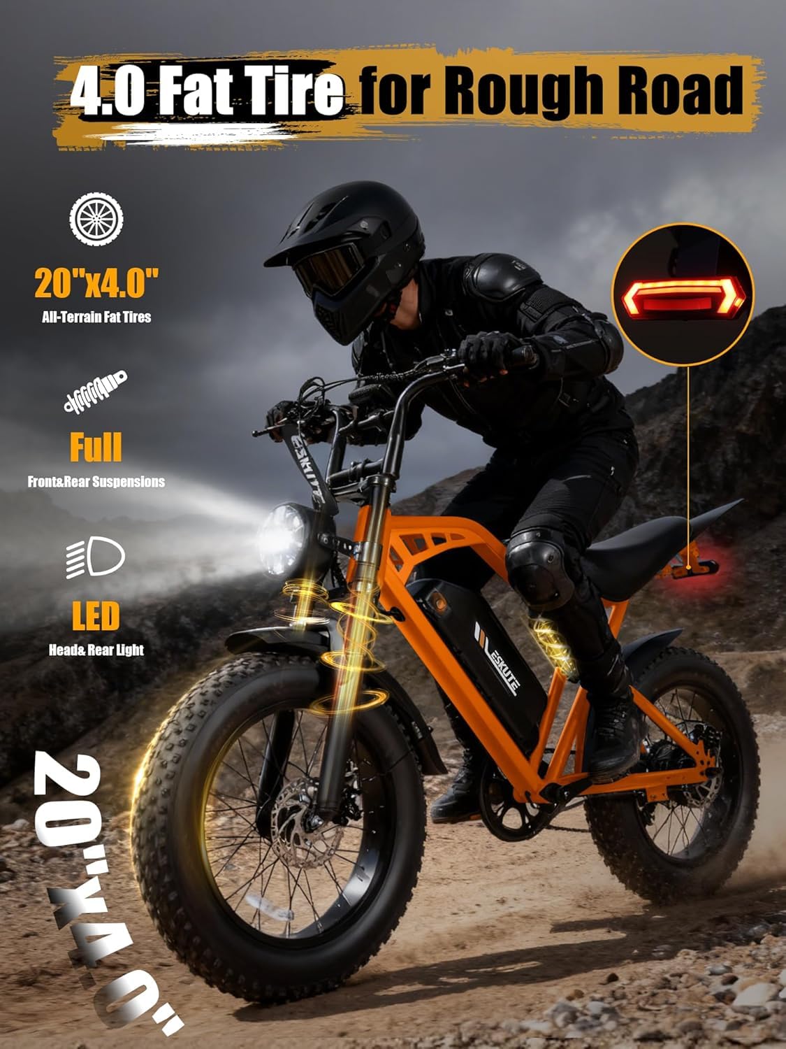 Electric Dirt Bike Adults, 1300W Peak 52V20.8Ah ebike, 32MPH 20" x4.0 Fat Tire, Streamlined E-Motorcycle with 7 Speeds for Youths, V200，Orange with Rear Rack + Footrests