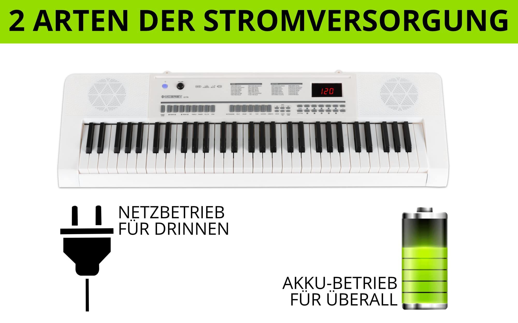 McGrey 6170 Akku-Keyboard Weiß Safety Fix Set, LC-Display, 200 Sounds | Einsteiger-Keyboard mit 61 Tasten in Standard-Größe, Integrierter Li Ion-Akku mit 1200 mAh, 200 Rhythmen, 70 Demo Songs, 5 cm