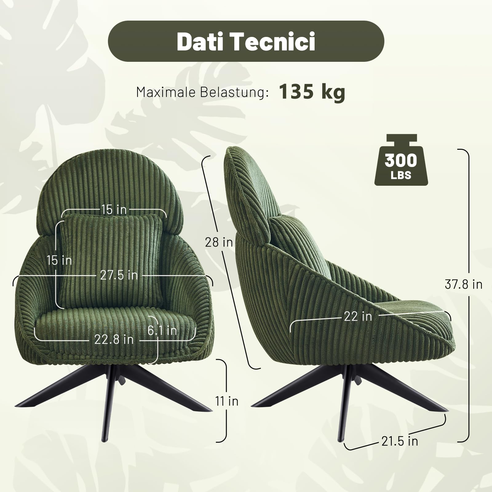 Loungesessel Sessel Wohnzimmer 360°Drehbar, Ohrensessel Armlehnstuhl Polsterstuhl mit dickem Abnehmbares Wurfkissen, Lesesessel Relaxsessel für Wohnzimmer Schlafzimmer Büro, Grün