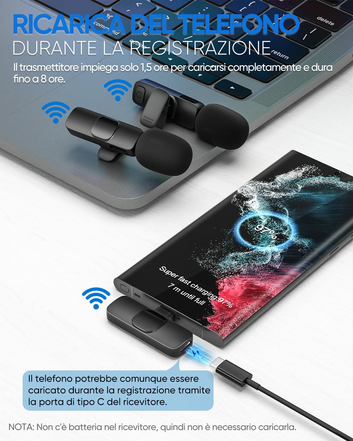 Microfono Wireless per Porta Type-C/Lightning/USB, IUMAKEVP Microfoni Lavalier Plug-play con Riduzione del Rumore per Registrazione Video, Live Steam, Intervista, YouTube, TikTok and Facebook (2 mics)