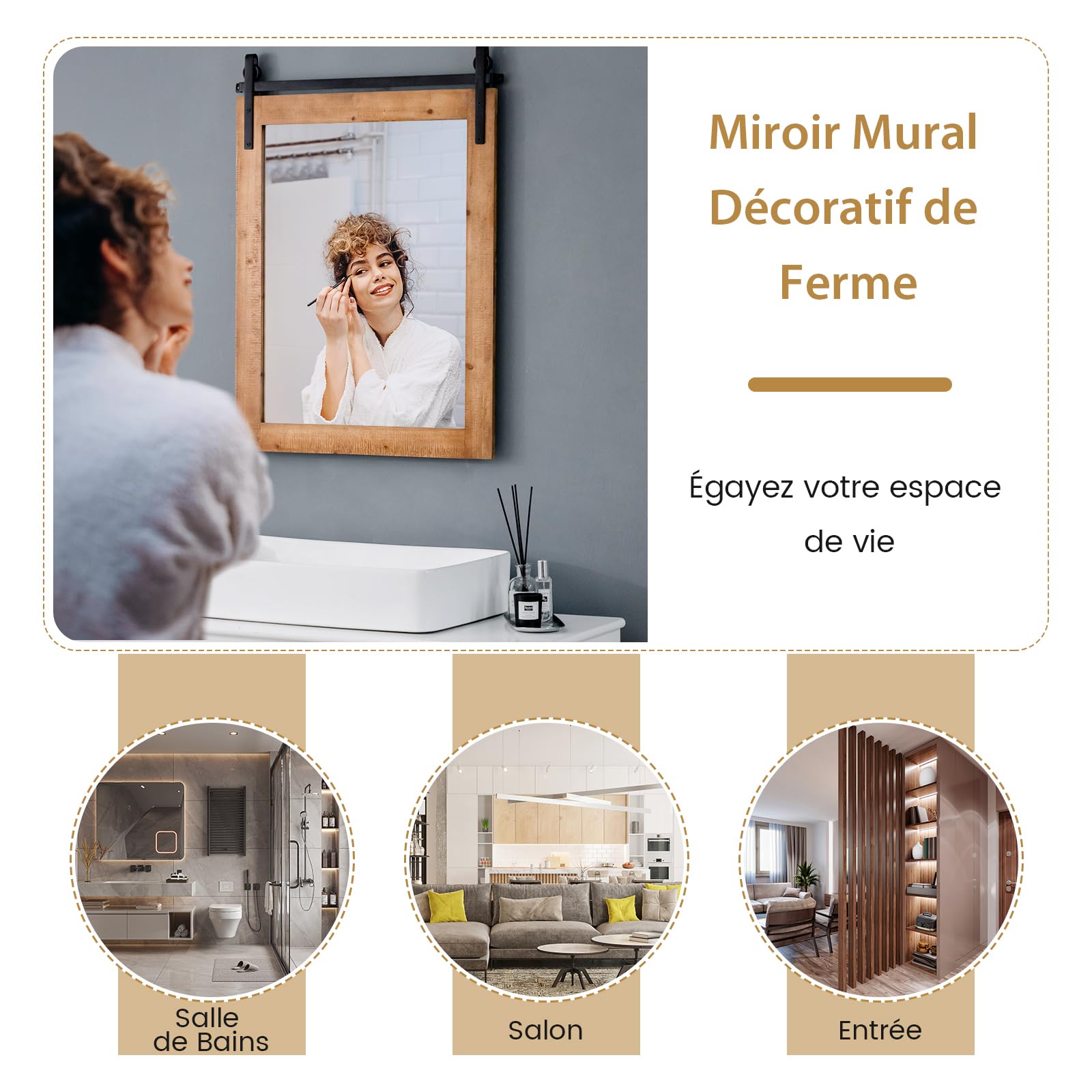 GOPLUS Miroir Mural Solide, 76,5×54CM, Miroir Décoratif Rectangulaire en Bois Sapin & Verre de Haute Définition & Support en Métal, pour Entrée, Salle de Bain, Chambre à Coucher (Brun)