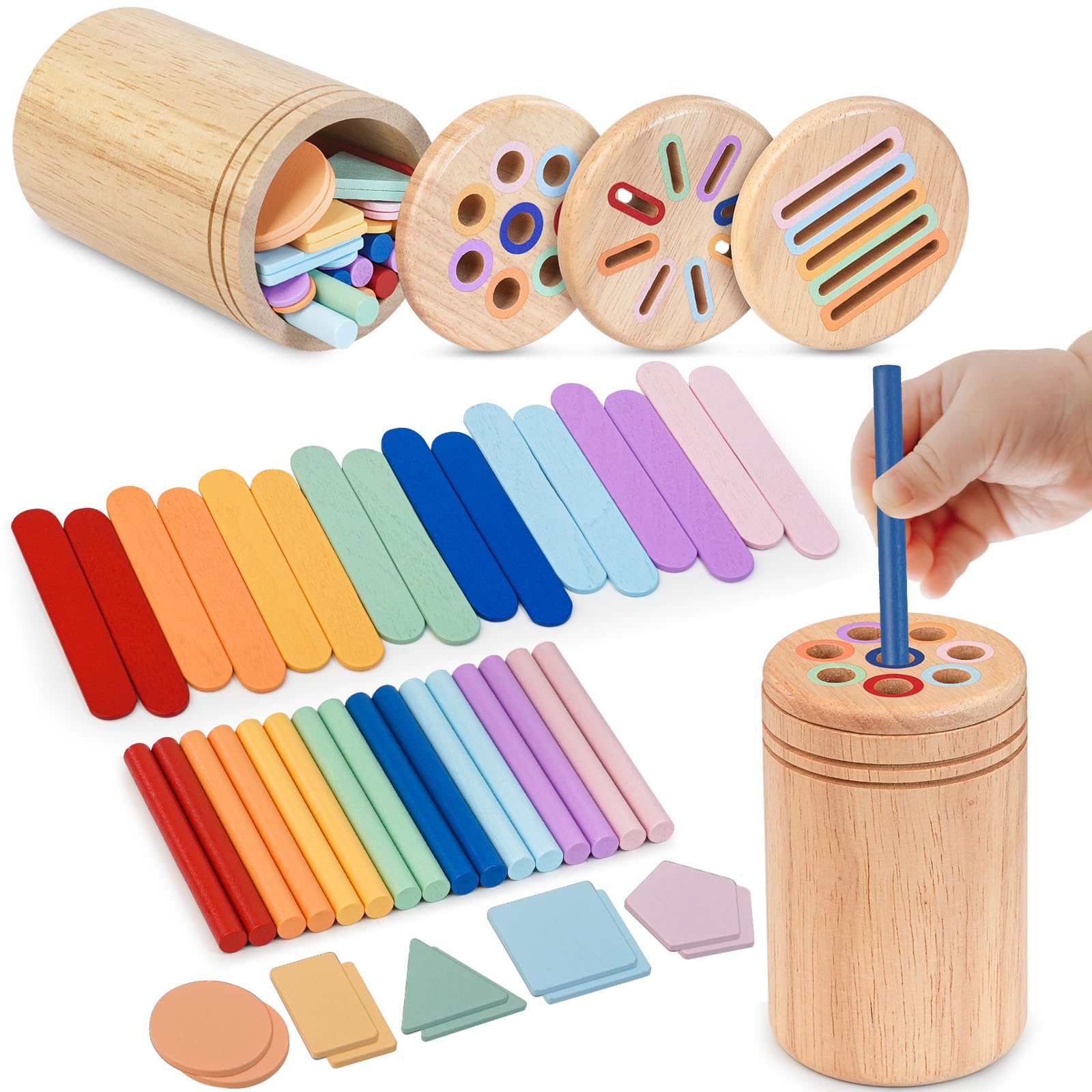 Akosuntoys Montessori Wooden Toddler Travel Toys 1 2 3 Year Old Boys Girls, 3 In 1 Wooden Color Montessori Toys for 1 2 3 Year Old Educational Stacking Shape Sorter Learning Toys for Boys Girls
