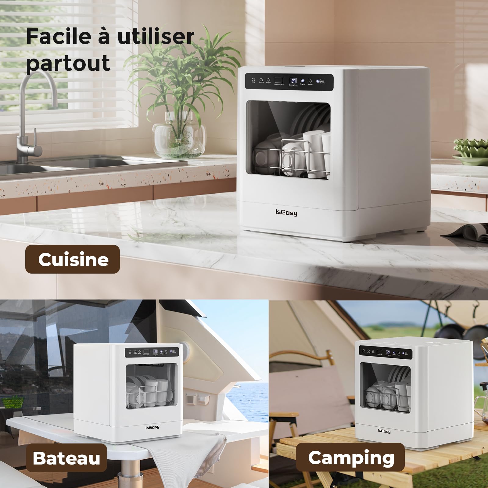 IsEasy Mini Lave-Vaisselle de Table Comptoir, Lave-Vaisselle Compact Portable, 5 Programmes, Affichage à LED, Lavage des Fruits, Deux Modes D'alimentation en Eau