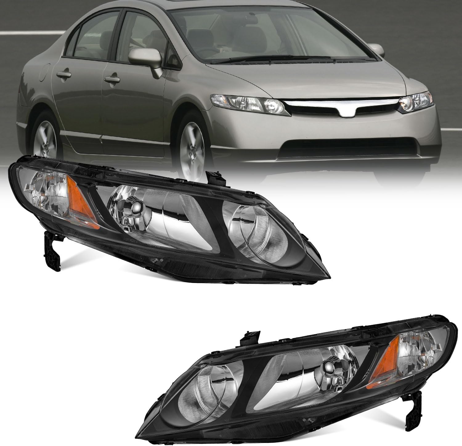 WEELMOTO for 2006-2011 Honda Civic 4-Door Headlights,for 2006 2007 2008 2009 2010 2011 Headlight Pair Headlamp Black Housing Amber Reflector Left+Right Side(Does NOT fit 2-Door Coupe model)