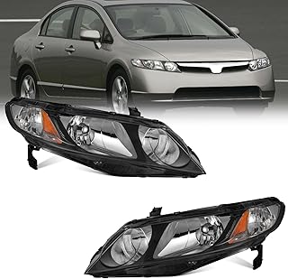For 2006-2011 Honda Civic 4DR,Halogen Headlights Assembly Headlamp Replacement For 06-11 Honda Civic 4DR Headlight Assembly Replacement Black Housing Amber Reflector Left and Right Side