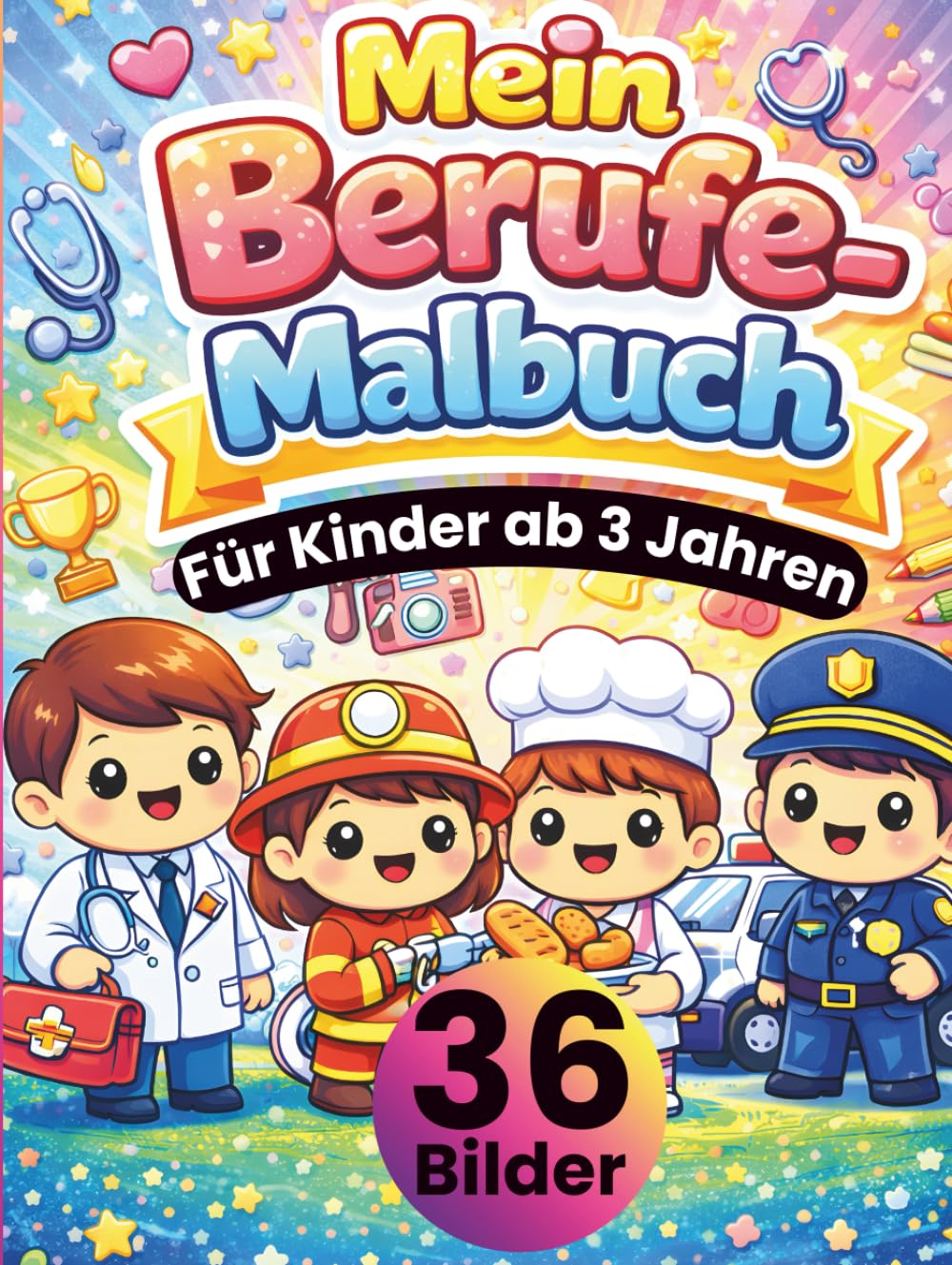 Mein Berufe Malbuch für Kinder ab 3 Jahren: Süße Beruf-Motive zum Ausmalen – Feuerwehr, Polizei, Arzt & viele weitere • große, einfache Linien • jede ... • DIN A4 Format • 36 Bilder • 72 Seiten
